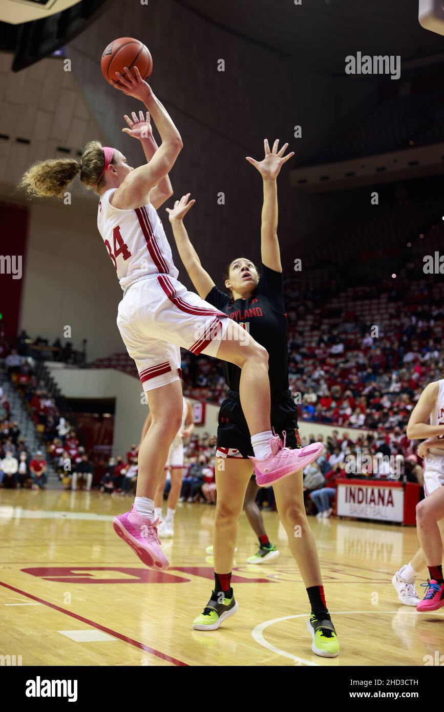 Bloomington, United States. 02nd Jan, 2022. Indiana Hoosiers guard Grace Berger (L) plays against Maryland Terrapins forward Mimi Collins (R) during the National Collegiate Athletic Association (NCAA) women's basketball game in Bloomington. Indiana University beat Maryland 70-63. Credit: SOPA Images Limited/Alamy Live News Stock Photo