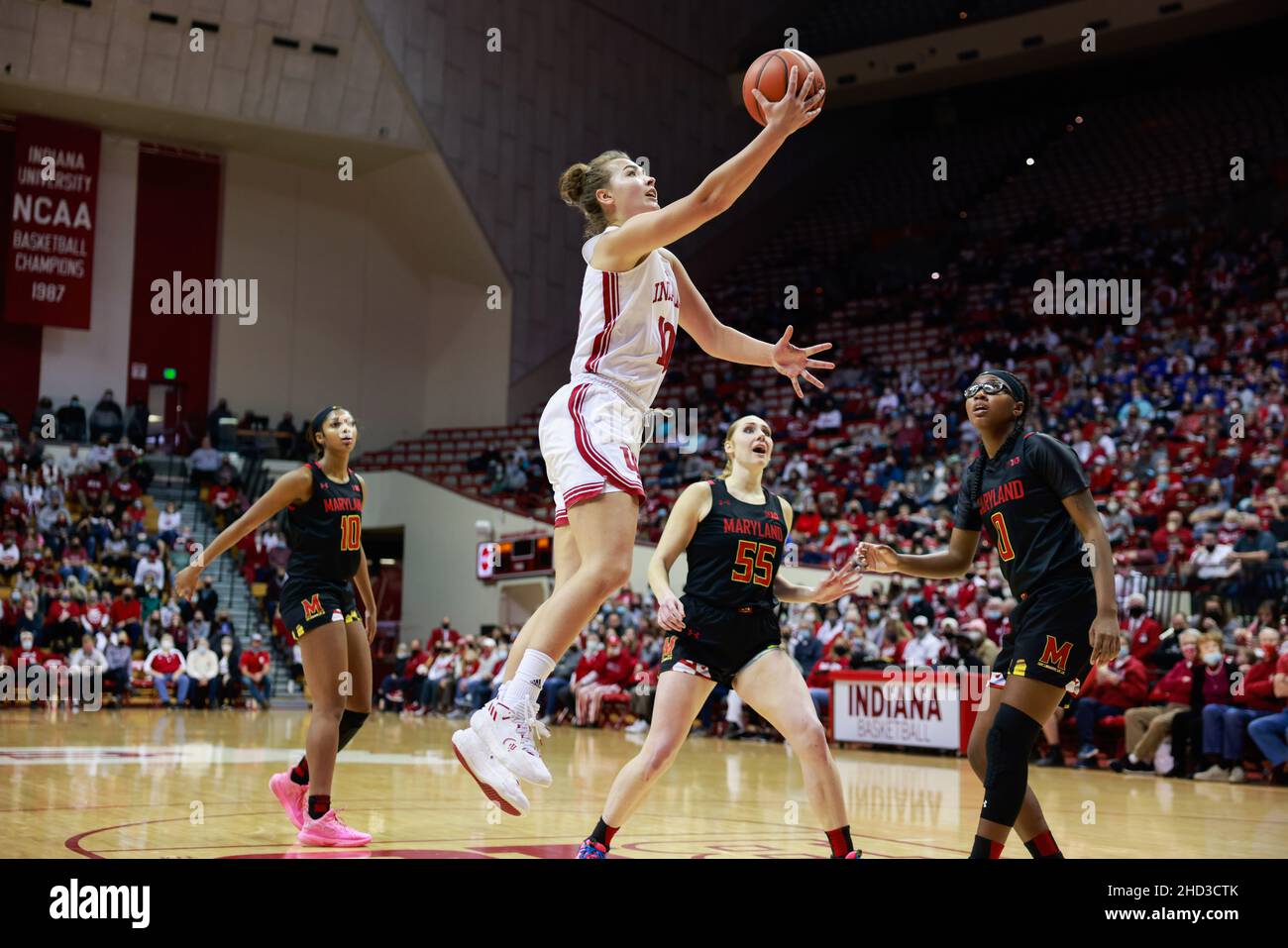 Bloomington, United States. 02nd Jan, 2022. Indiana Hoosiers forward Aleksa Gulbe (L2) shoots against Maryland Terrapins guard Shyanne Sellers (R) during the National Collegiate Athletic Association (NCAA) women's basketball game in Bloomington. Indiana University beat Maryland 70-63. Credit: SOPA Images Limited/Alamy Live News Stock Photo