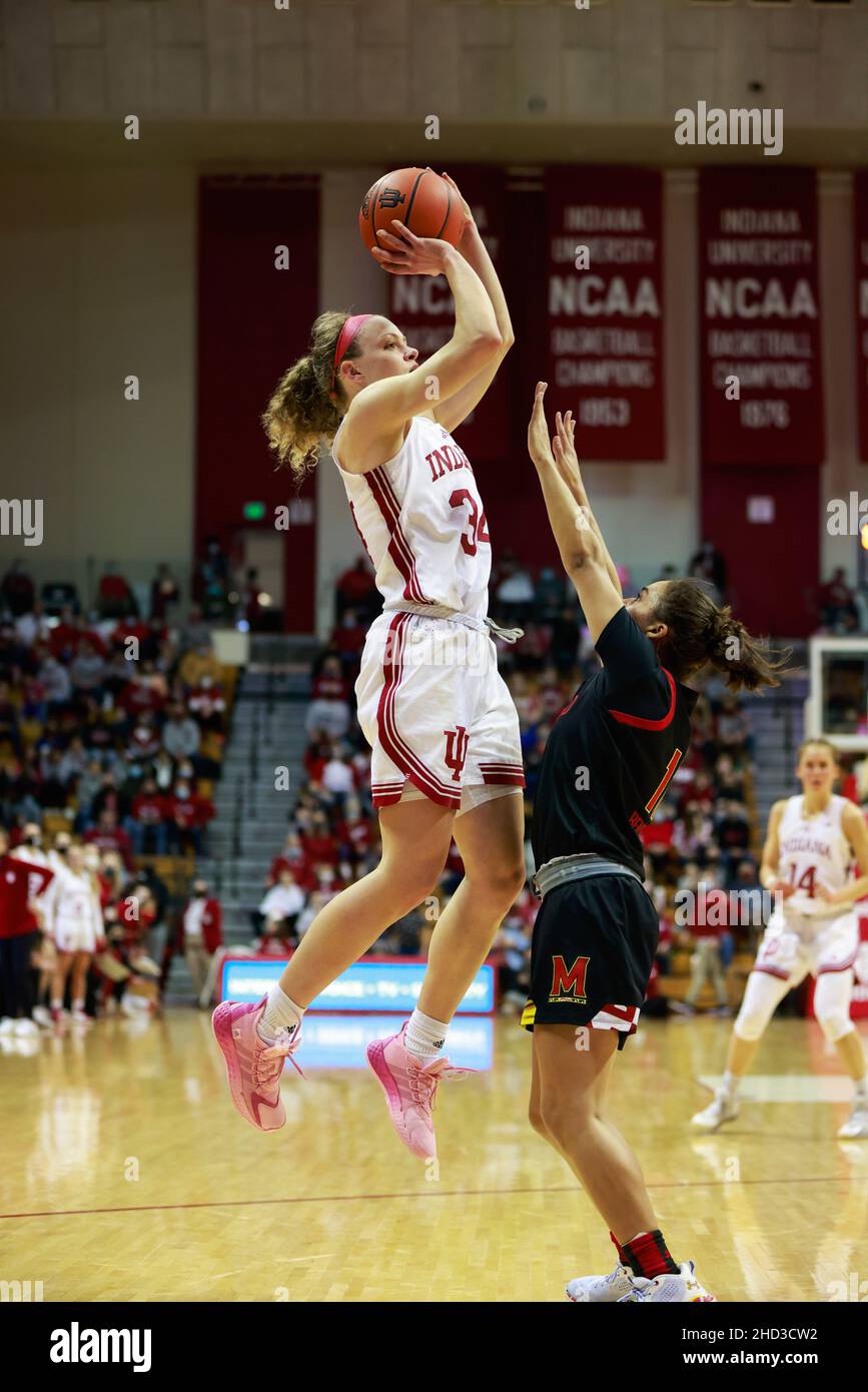 Bloomington, United States. 02nd Jan, 2022. Indiana Hoosiers guard Grace Berger (L) plays against Maryland Terrapins guard Katie Benzan (R) during the National Collegiate Athletic Association (NCAA) women's basketball game in Bloomington. Indiana University beat Maryland 70-63. Credit: SOPA Images Limited/Alamy Live News Stock Photo