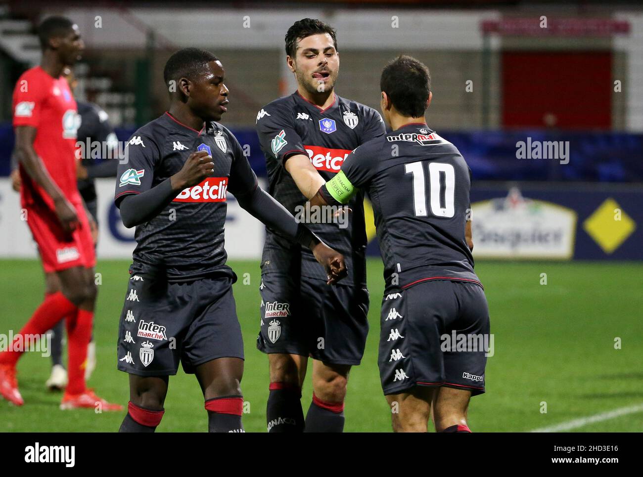 Wissam Ben Yedder of Monaco #10 celebrates his goal with left Eliot Matazo,  Kevin Volland during the French Cup, round of 32, football match between  Quevilly Rouen Metropole (QRM) and AS Monaco (