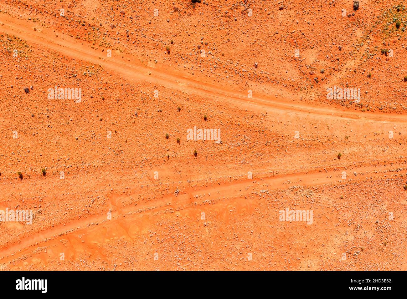 Red soil flat semi-desert in Australian Outback around Broken Hill - aerial top down view. Stock Photo