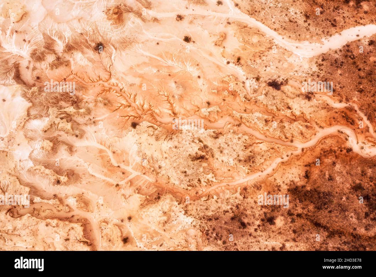 Mungo lake in Australian outback with red soil - dry lake bed with eroded creek streams dried in semi-desert climate - aerial top down view. Stock Photo