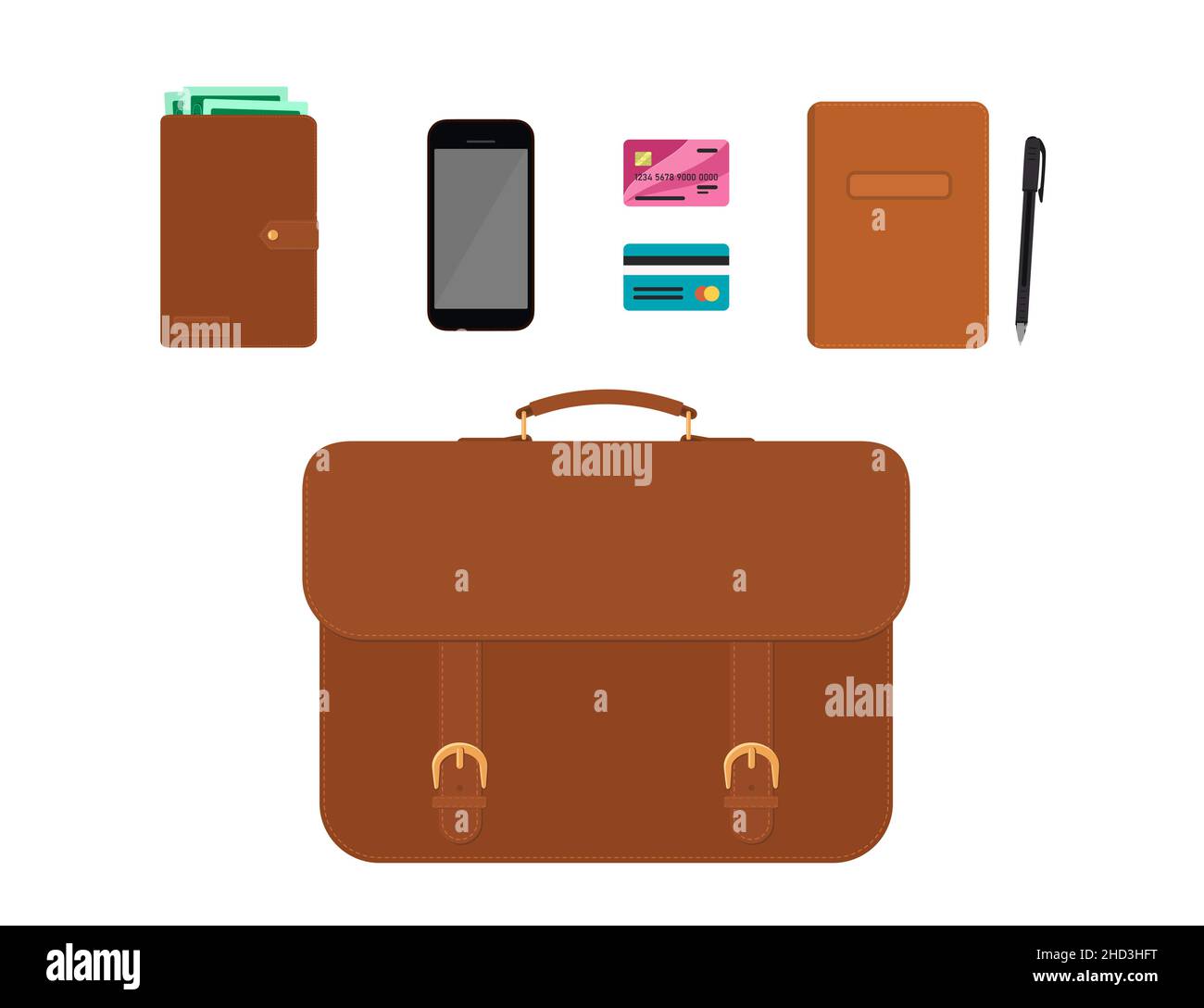 Briefcase and accessories isolated on white background Stock Vector