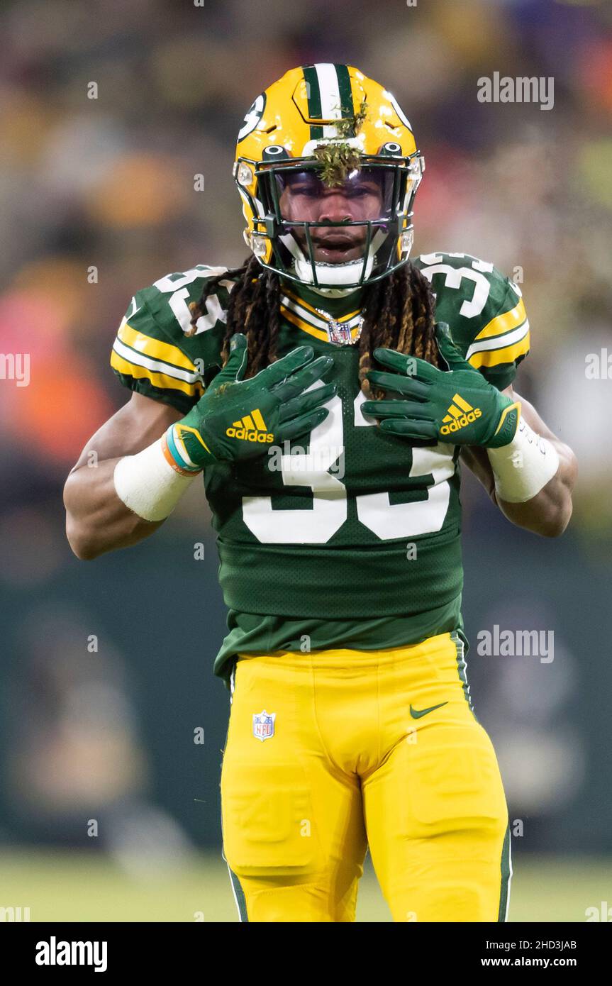 Green Bay, Wisconsin, USA. 02nd Jan, 2022. Green Bay Packers running back Aaron  Jones #33 celebrates his first down run during NFL football game between  the Minnesota Vikings and the Green Bay