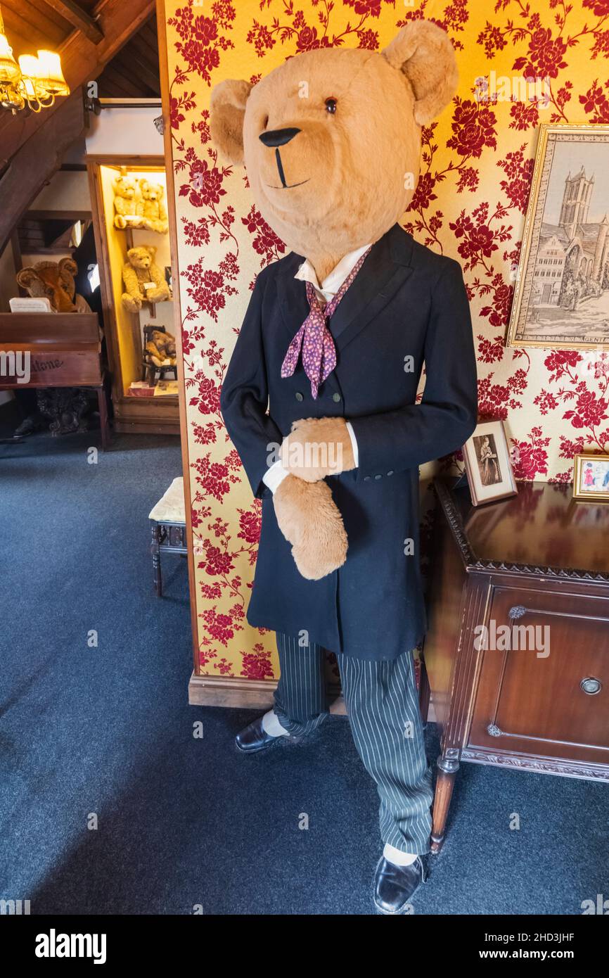 England, Dorset, Dorchester, The Teddy Bear Museum, Exhibit of Life Sized Teddy Bear Dressed in Formal Clothing Stock Photo