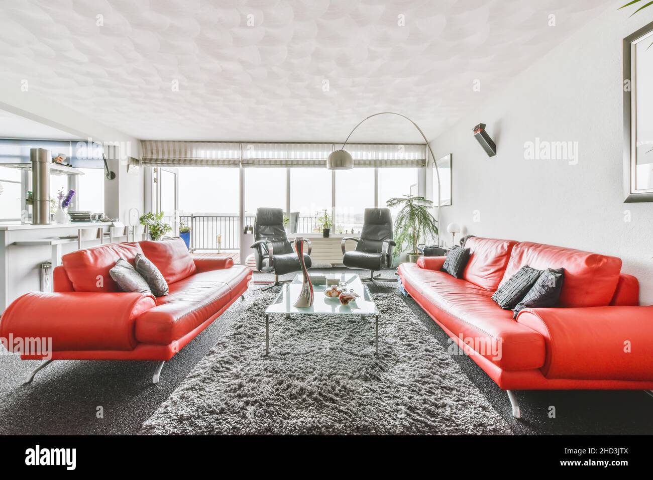 Lovely living room with red leather sofas and soft carpet Stock Photo