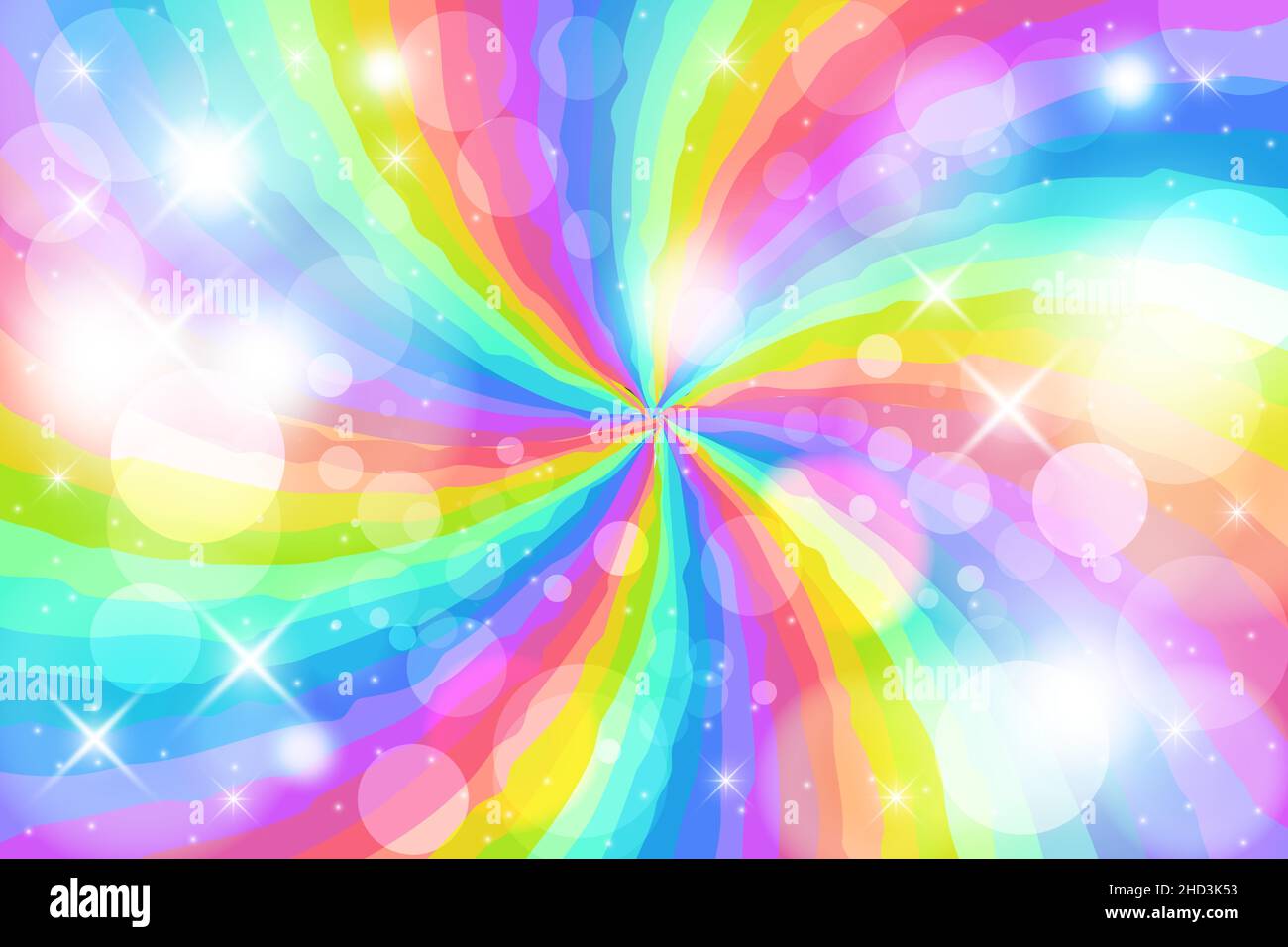 Rainbow swirl background with stars. Radial gradient rainbow of twisted