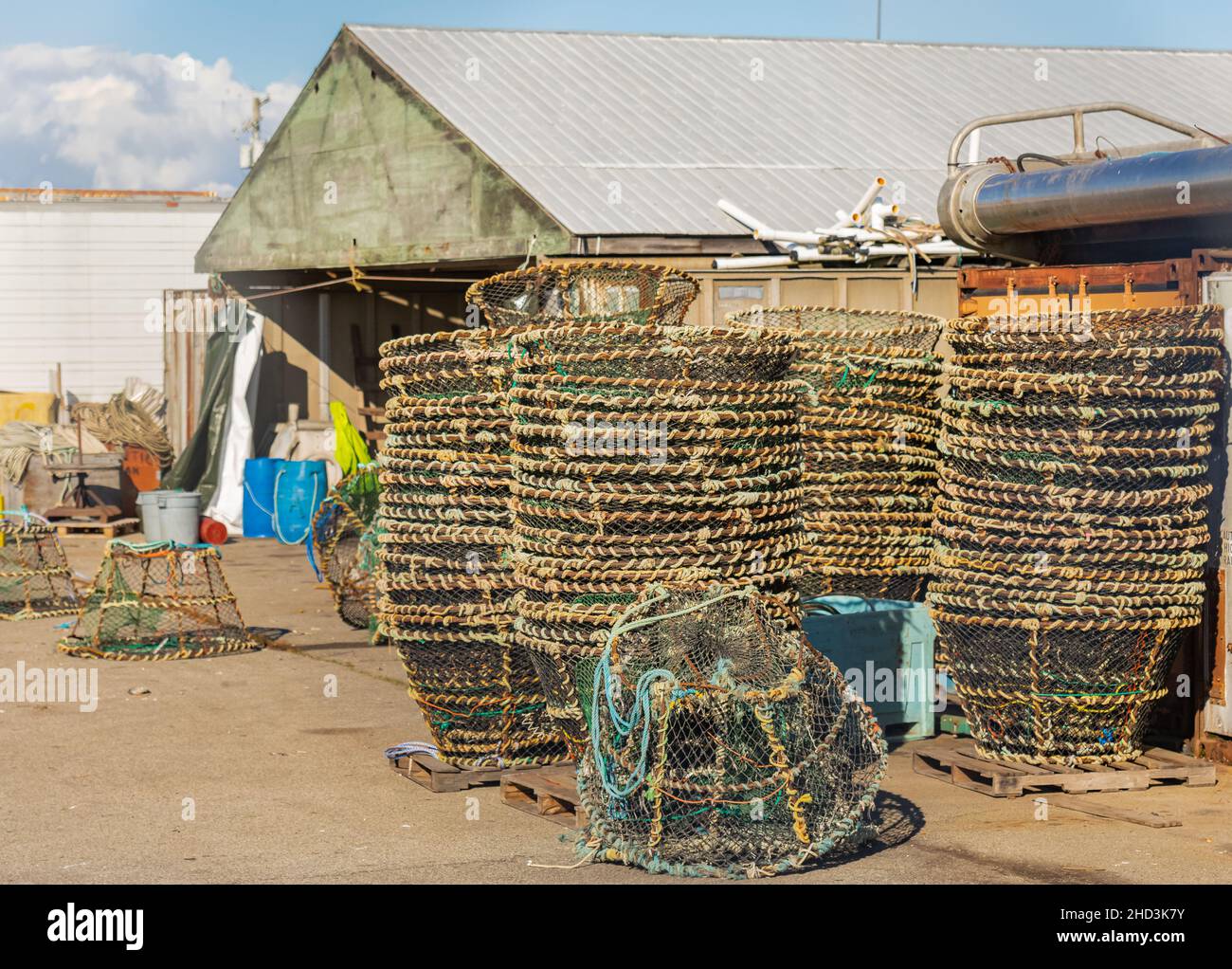 Fish trap for lobster and crab fishing. Close up of baskets used for