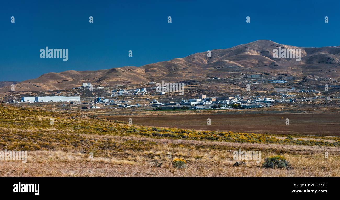 Northrop & Grumman facilities, Blue Spring Hills in dist, from viewpoint near Golden Spike Natl Historic Site, near towns of Corinne and Howell, Utah Stock Photo