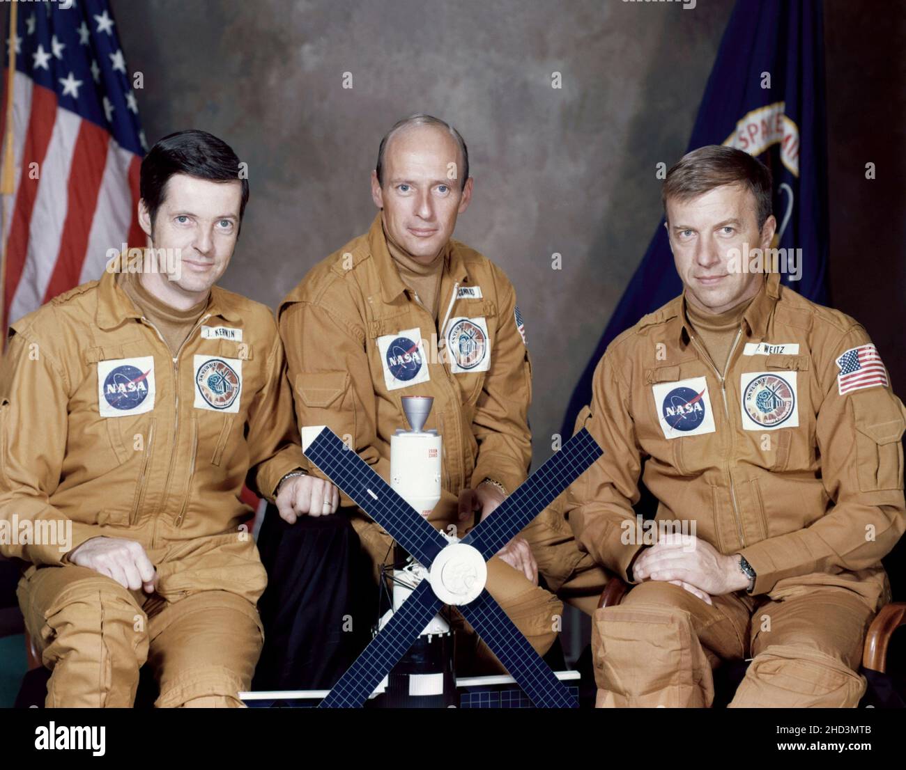 (May 1973) --- These three astronauts have been named by the National Aeronautics and Space Administration as the prime crew of the first manned Skylab mission. They are, left to right, Joseph P. Kerwin, science pilot; Charles Conrad Jr., commander; and Paul J. Weitz, pilot. Skylab is a three-part program consisting of one 28-day and two 56-day manned visits spanning an eight-month period. One day prior to the launch of this crew, the unmanned Skylab space station cluster will be launched and placed in Earth orbit. The first manned mission will last up to 28 days. Stock Photo