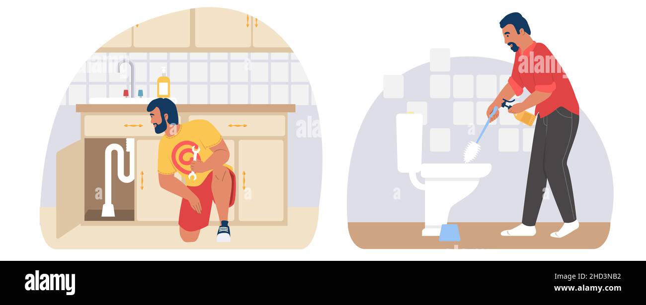 Man repairing leak under kitchen sink, cleaning toilet, vector illustration. Housework, housekeeping, house cleaning Stock Vector