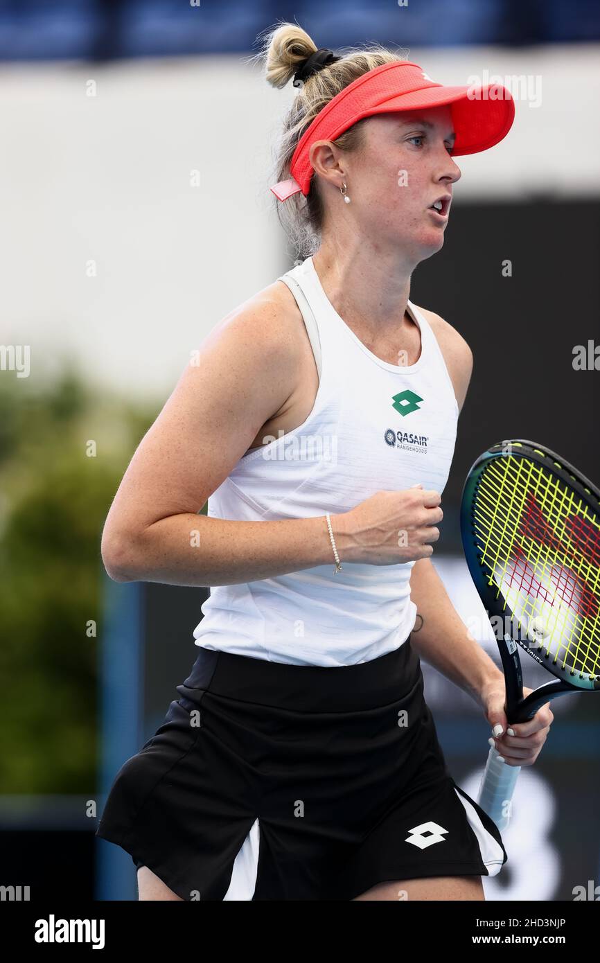 Adelaide, Australia, 3 January, 2022. Storm Sanders of Australia reacts on  a point during the WTA singles match between Storm Sanders of Australia and  Elena Rybakina of Kazakhstan on day one of