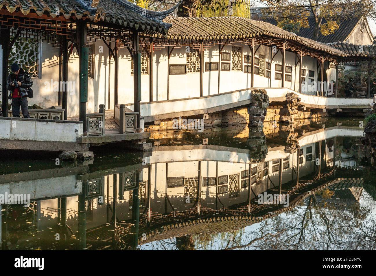 Pavilion and gallery of the Garden of the Master of the Nets in Suzhou, China Stock Photo