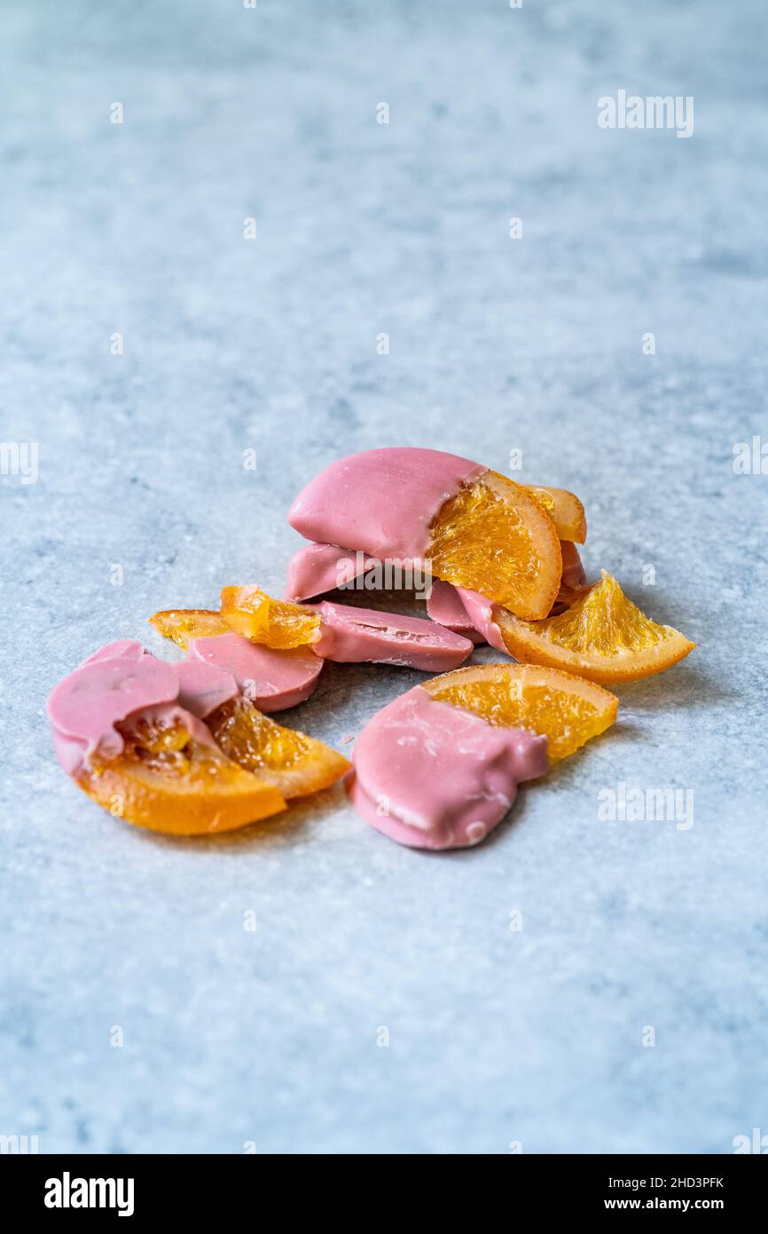 Ruby Chocolate Fruits Covered Candied Dry Orange Slices. Ready to Eat