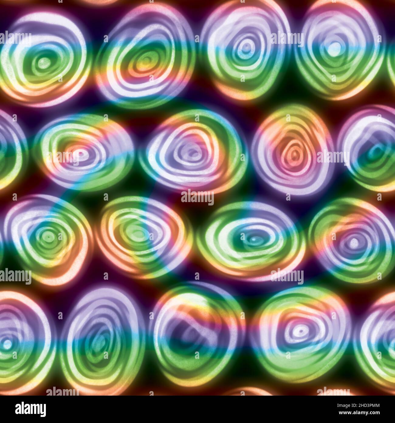 Large squiggly wiggly swirly whirly spiral circles that look hand drawn in a rainbow swirl seamless tile. Stock Photo