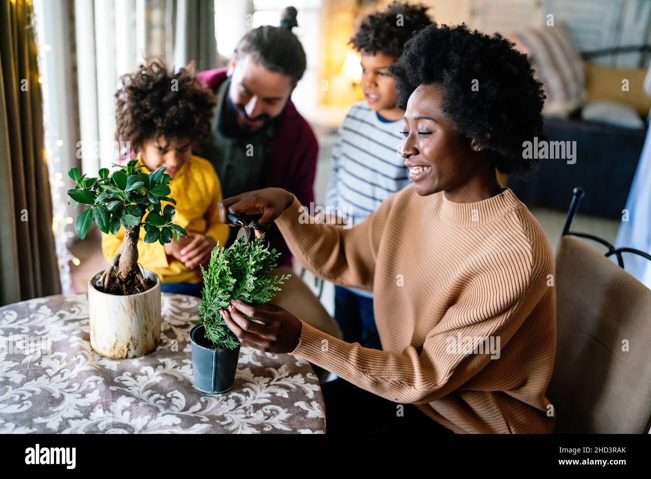 Home hobbies gardening with children and learning botany. Family love happiness concept Stock Photo