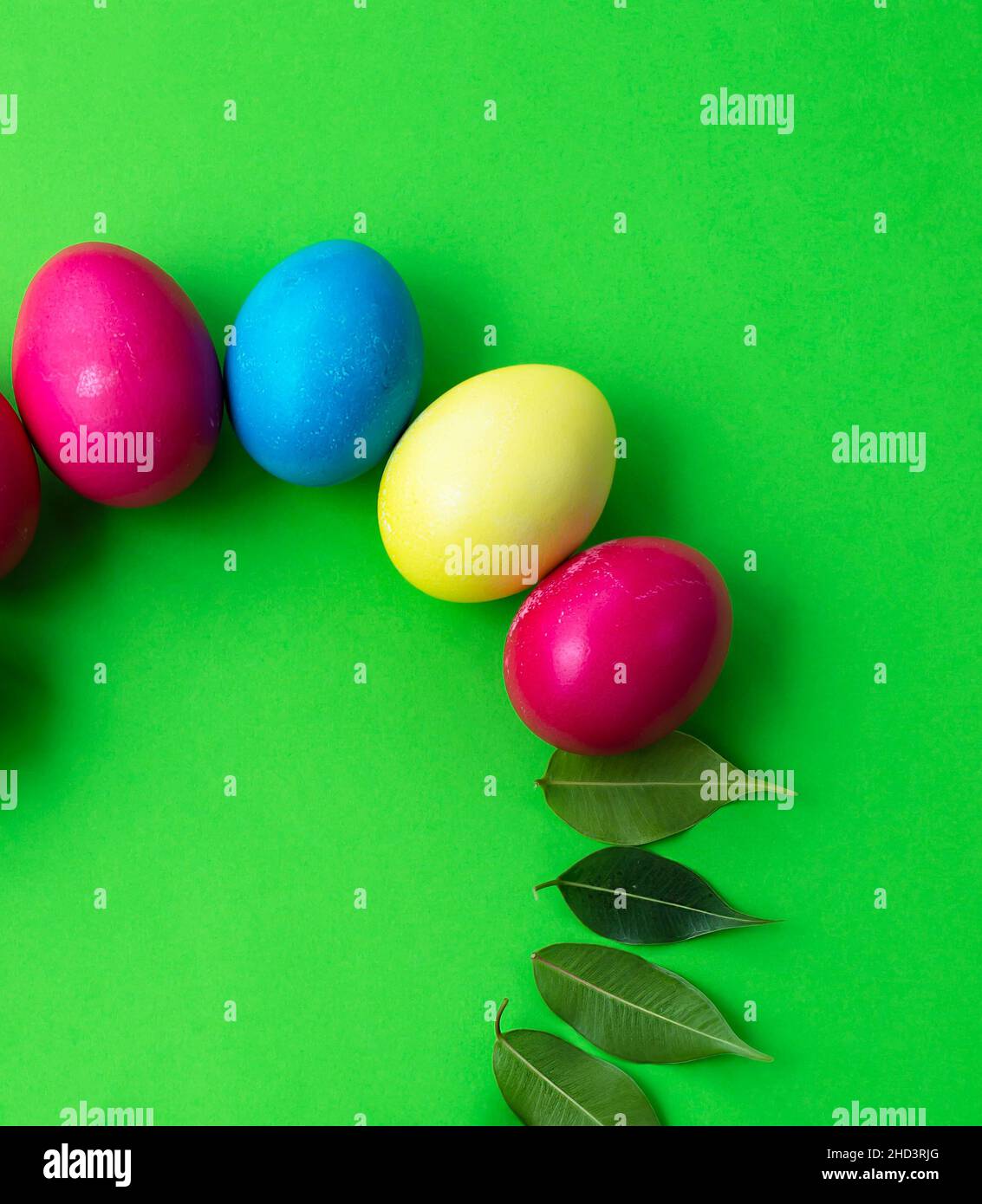 Easter themes. Colorful eggs and green leaves. Copy space for text. Stock Photo