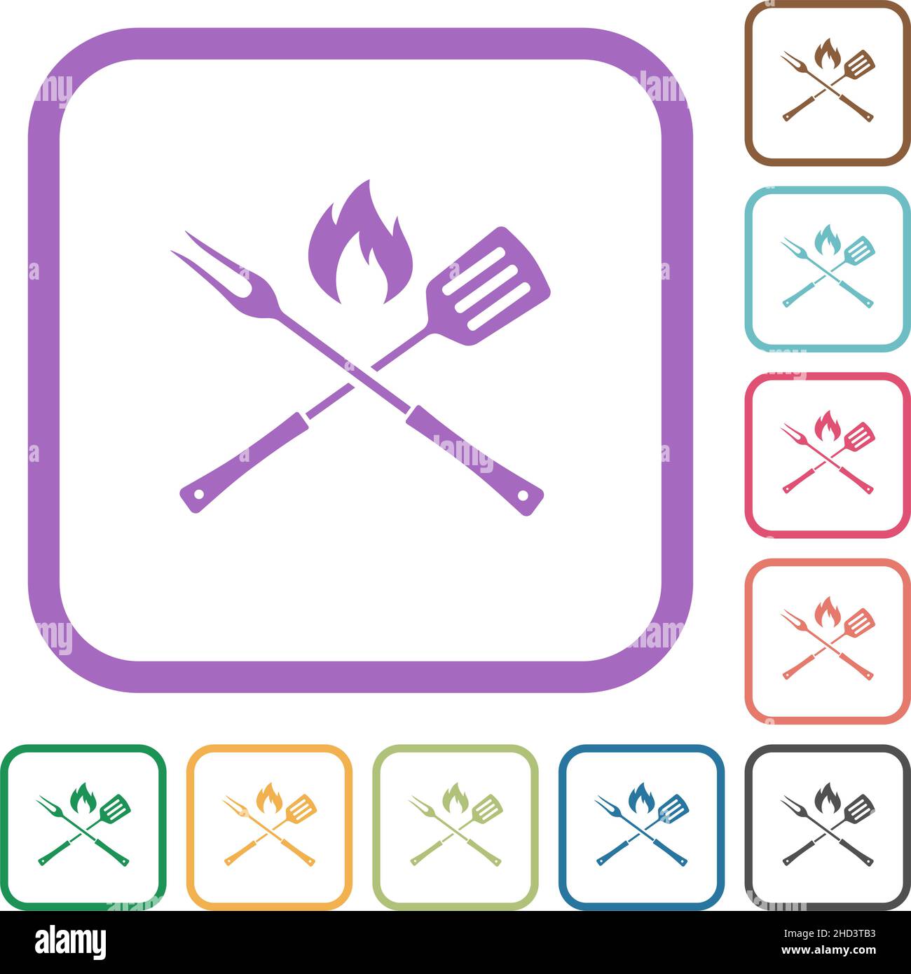 Barbecue fork and spatula with flame simple icons in color rounded ...