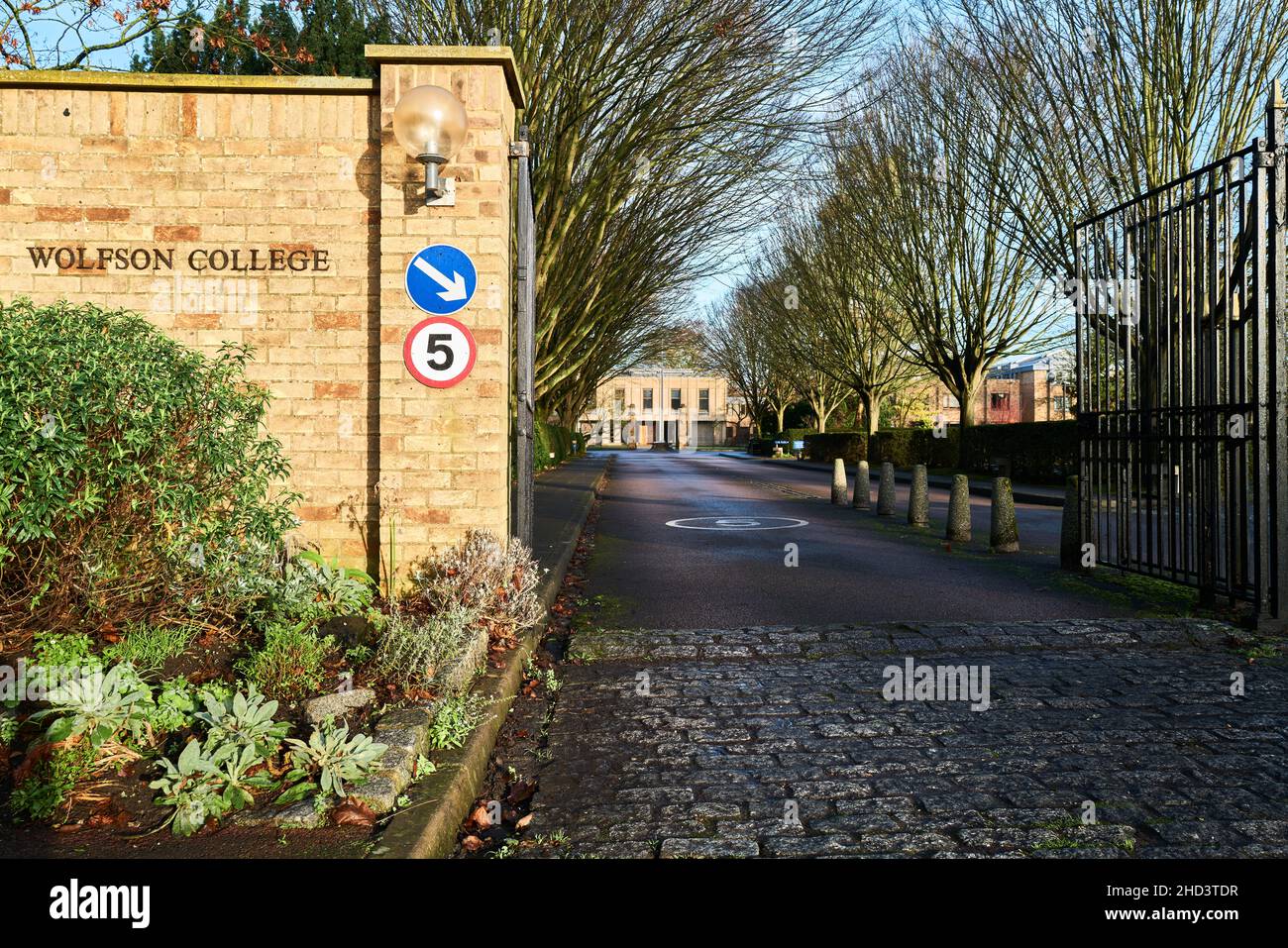 Entrance to Wolfson college, university of Cambridge, England. Stock Photo