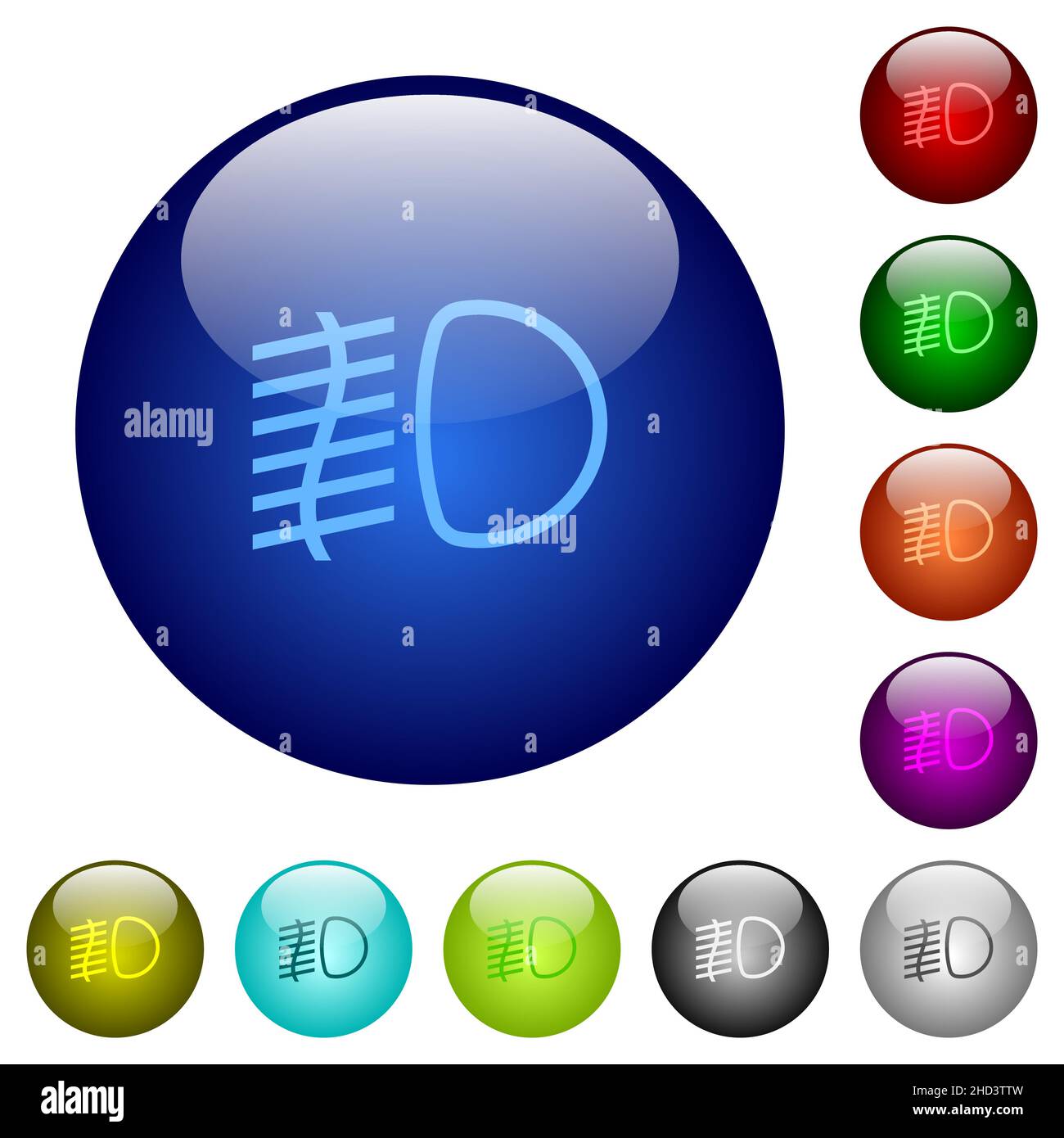 Fog lights icons on round glass buttons in multiple colors. Arranged ...