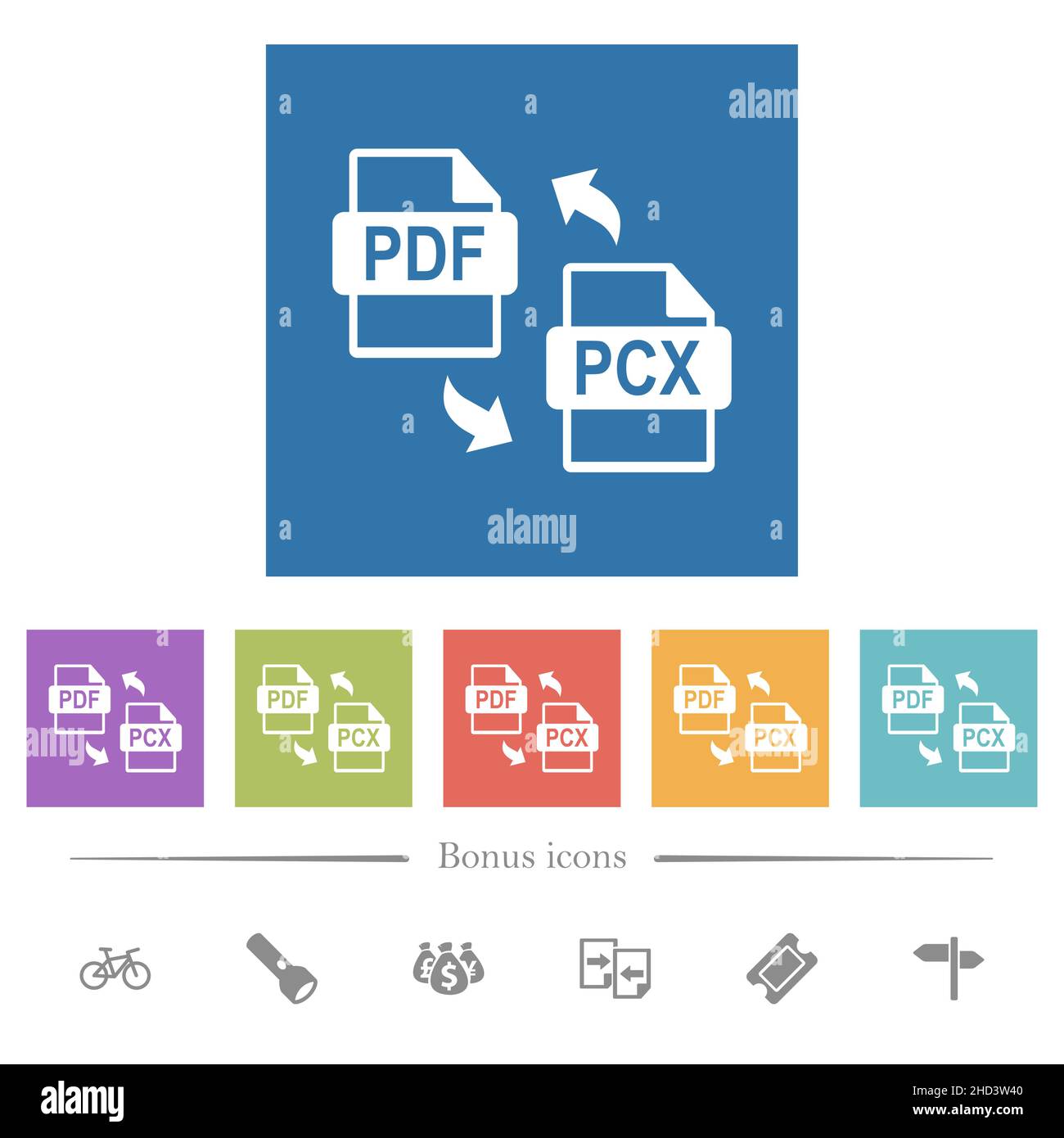 PDF PCX file conversion flat white icons in square backgrounds. 6 bonus ...