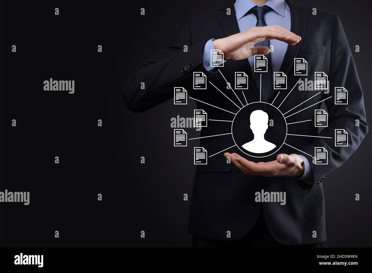 Document Management System DMS .Businessman hold user and document icon ...