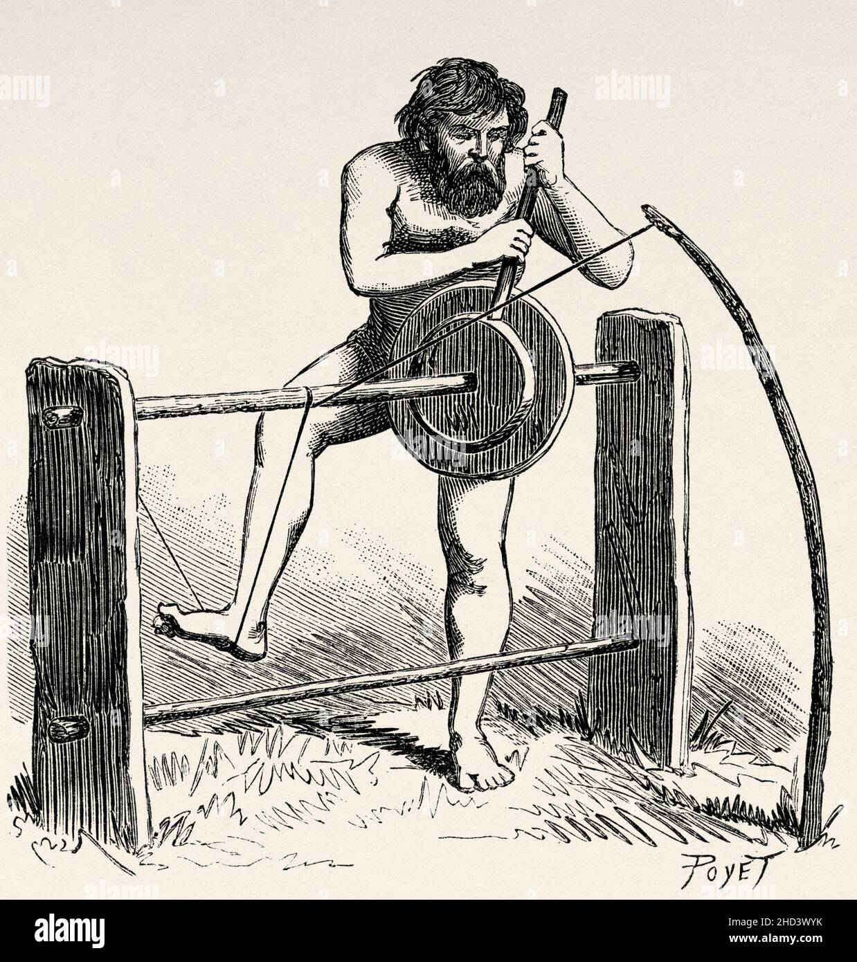 Primitive Turning Machine The primitive lathe. Old 19th century engraved illustration from La ...