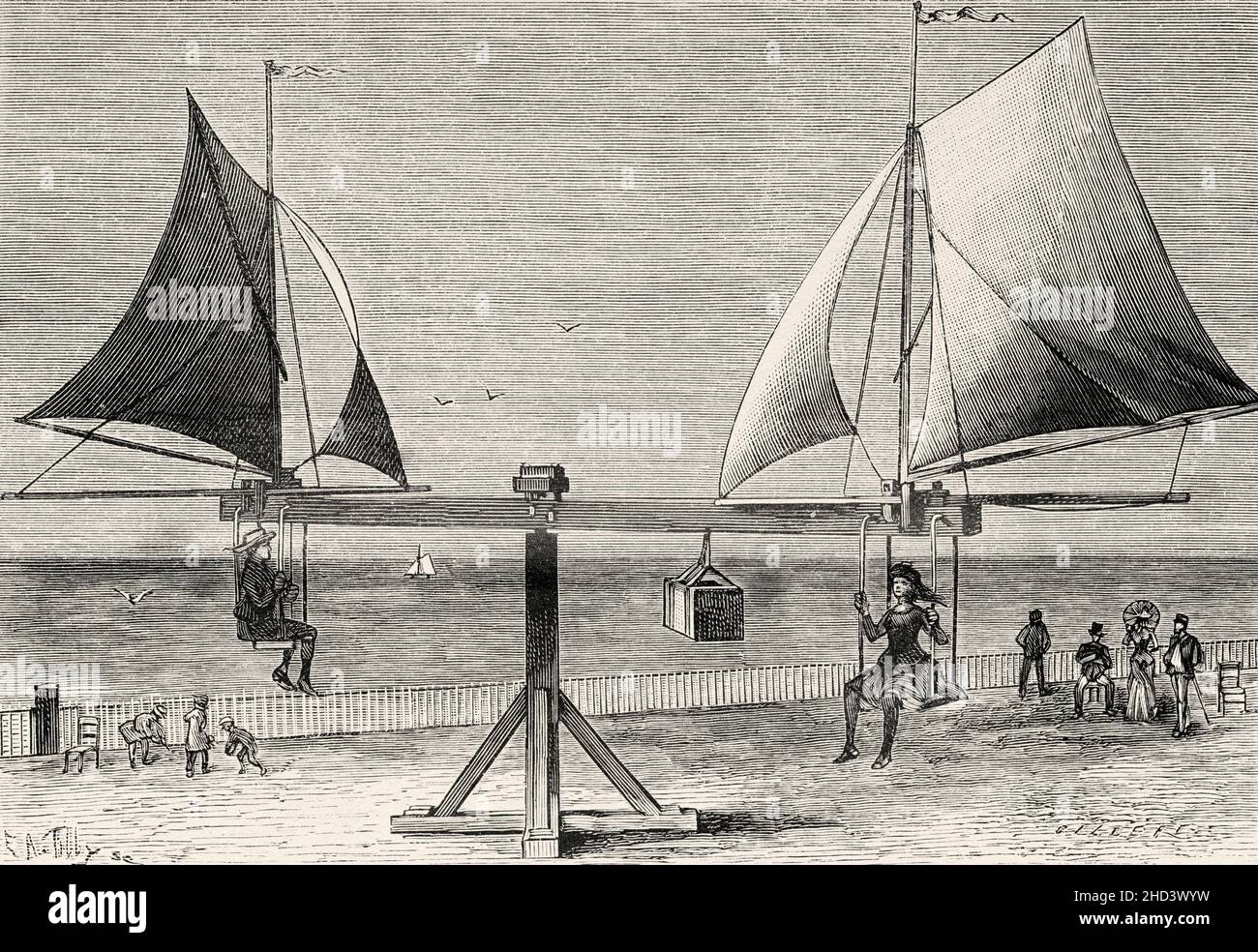 A Raymond Moulton sailing merry-go-round in Saint-Malo, Brittany, France. Old 19th century engraved illustration from La Nature 1885 Stock Photo