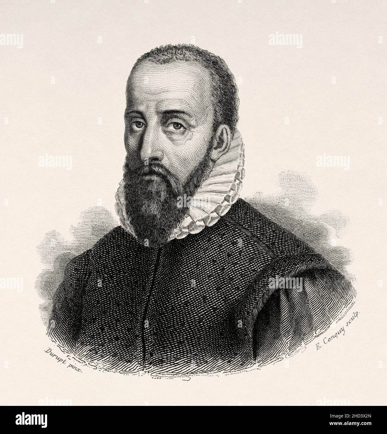 Ambroise Paré (1510-1590) was a French barber surgeon who served for kings Henry II, Francis II, Charles IX and Henry III. He is considered one of the fathers of surgery and modern forensic pathology and a pioneer in surgical techniques and battlefield medicine, especially in the treatment of wounds. He was also an anatomist, invented several surgical instruments, and was a member of the Parisian barber surgeon guild. France. Europe. Old 19th century engraved illustration from Portraits et histoire des hommes utile by Societe Montyon et Franklin 1837 Stock Photo