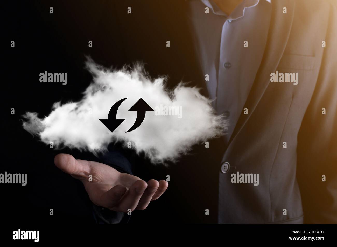 Cloud technology. Polygonal wireframe cloud storage sign with two arrows up and down on dark . Cloud computing, big data center, future infrastructure Stock Photo