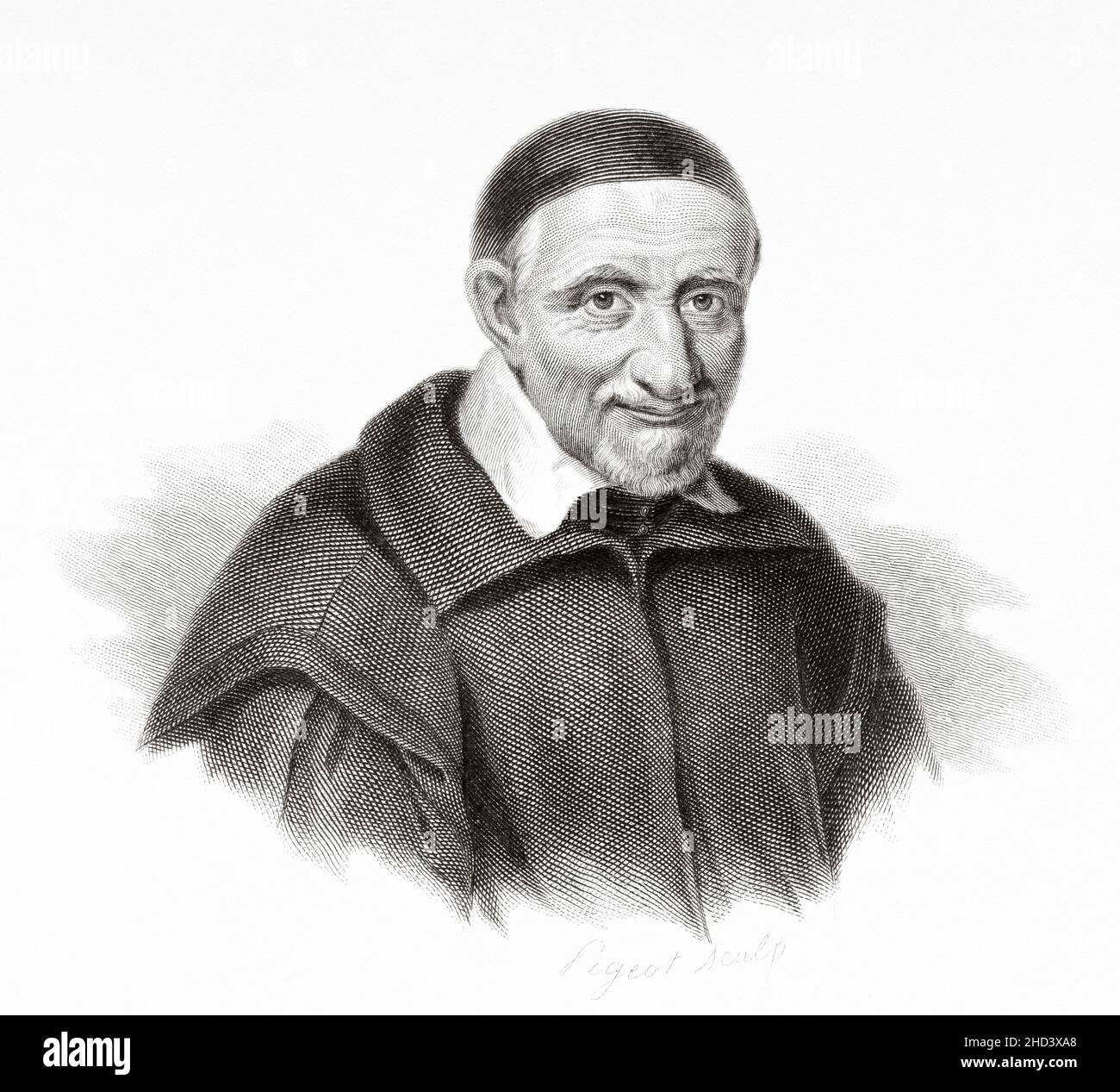 Saint Vincent de Paul (1581-1660) French Catholic priest. One of the most representative figures of Catholicism in seventeenth-century France, creator of the Conferences of Charity in 1617, also of the Congregation of the Mission, also called Paúles Missionaries, Royal Limosnero by Louis XIII. France. Europe. Old 19th century engraved illustration from Portraits et histoire des hommes utile by Societe Montyon et Franklin 1837 Stock Photo