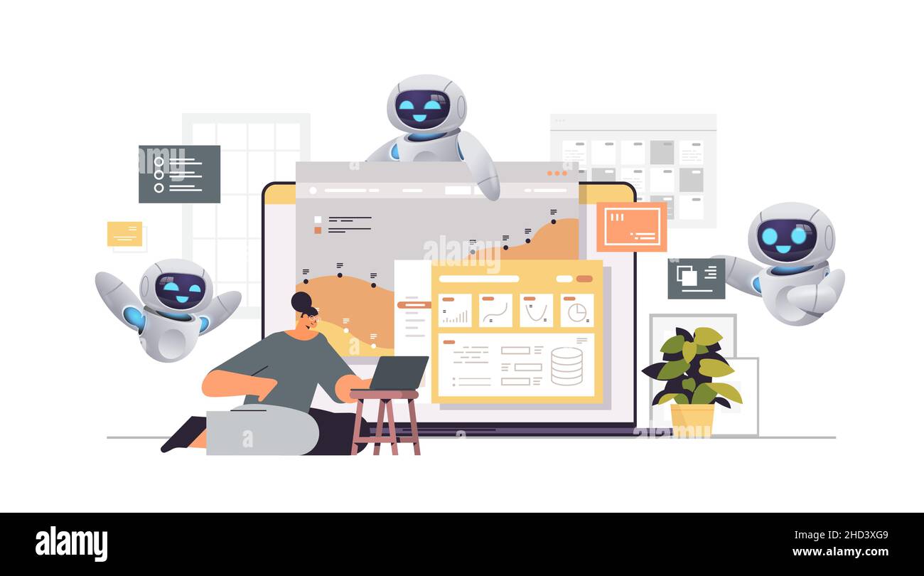 businesswoman with robots monitoring financial statistics data on ...