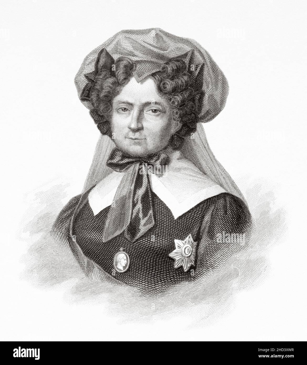 Maria Feodorovna. Duchess Sophie Dorothea of Württemberg (1759-1828) became Empress consort of Russia as the second wife of Emperor Paul I. She founded the Office of the Institutions of Empress Maria. Daughter of Duke Frederick Eugene of Württemberg and Princess Friederike of Brandenburg-Schwedt, Sophie Dorothea belonged to a junior branch of the House of Württemberg. Europe. Old 19th century engraved illustration from Portraits et histoire des hommes utile by Societe Montyon et Franklin 1837 Stock Photo