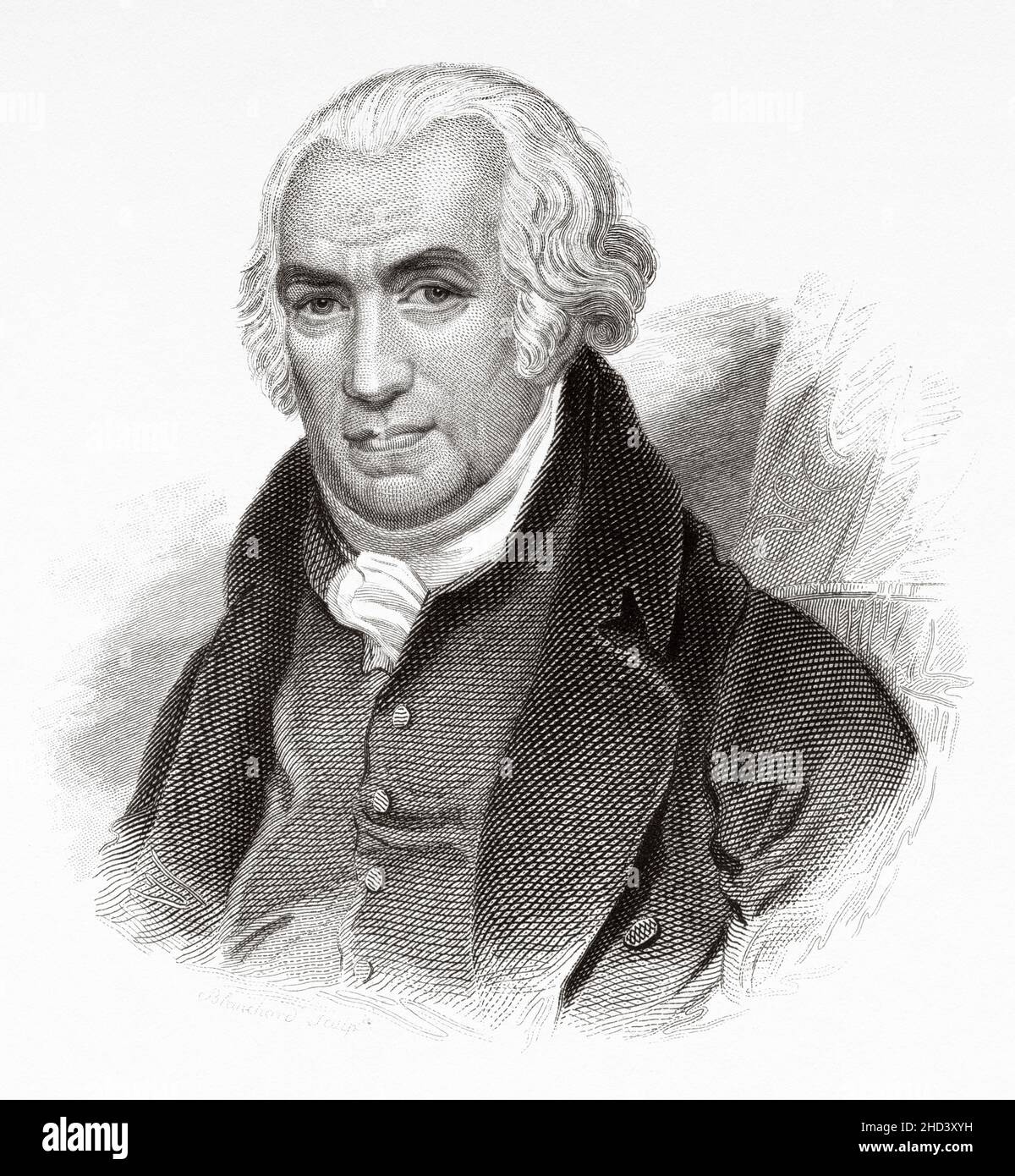 James Watt (1736-1819) was a Scottish inventor, mechanical engineer, and chemist who improved the Newcomen steam engine with his Watt steam engine in 1776, fundamental by the Industrial Revolution. Europe. Old 19th century engraved illustration from Portraits et histoire des hommes utile by Societe Montyon et Franklin 1837 Stock Photo