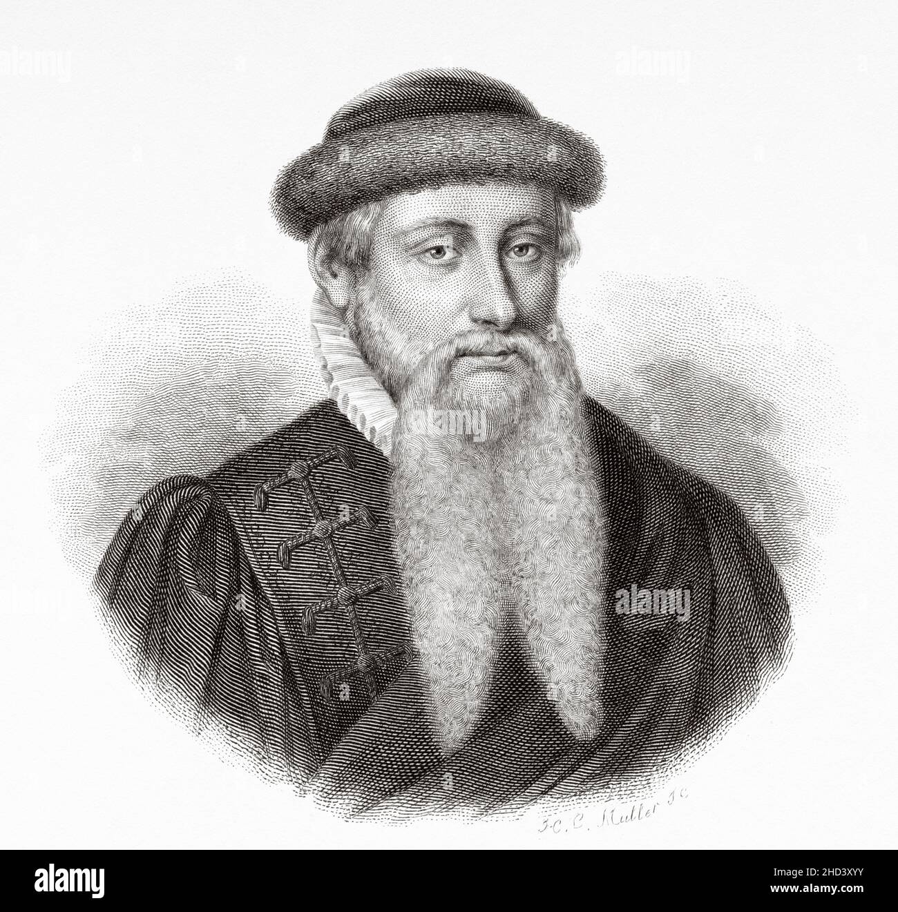 Johannes Gensfleisch zur Laden zum Gutenberg (1400-1468) was a German inventor, printer, publisher, and goldsmith who introduced printing to Europe with his mechanical movable-type printing press. It played a key role in the development of the Renaissance, Reformation, Age of Enlightenment, and Scientific Revolution. Europe. Old 19th century engraved illustration from Portraits et histoire des hommes utile by Societe Montyon et Franklin 1837 Stock Photo