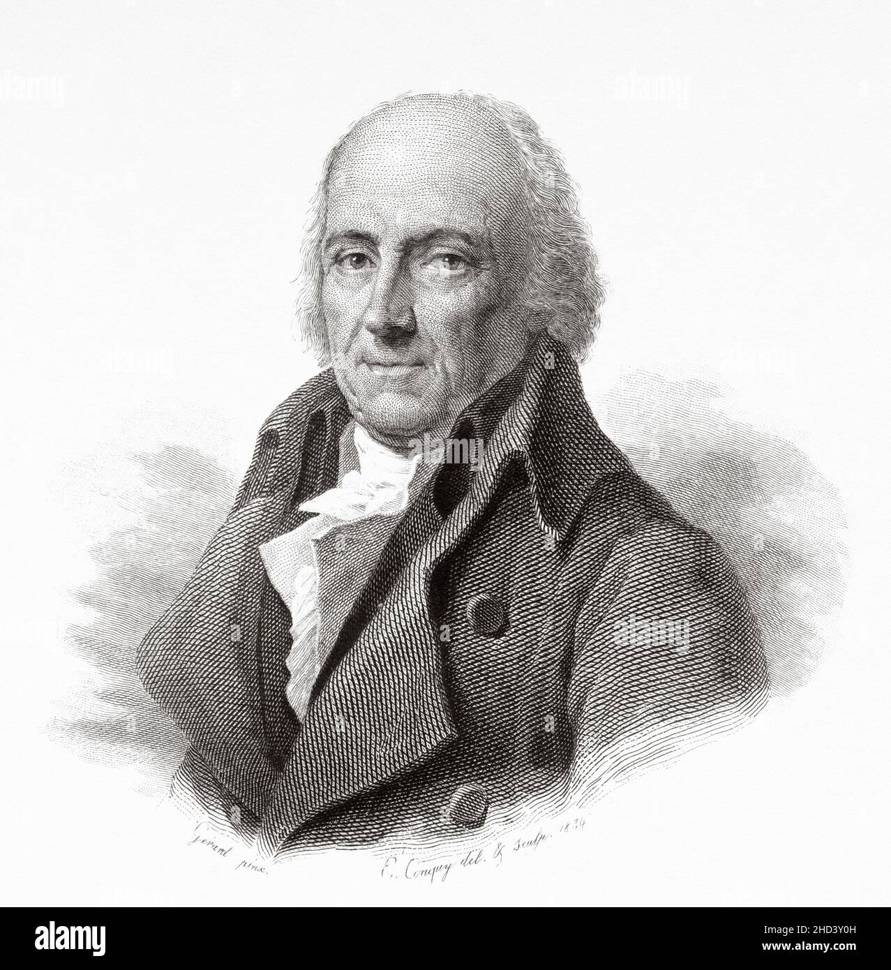 Jean Darcet. Jean d'Arcet (1724-1801) was a French chemist, and director of the porcelain works at Sèvres. He was one of the first to manufacture porcelain in France. Europe. Old 19th century engraved illustration from Portraits et histoire des hommes utile by Societe Montyon et Franklin 1837 Stock Photo