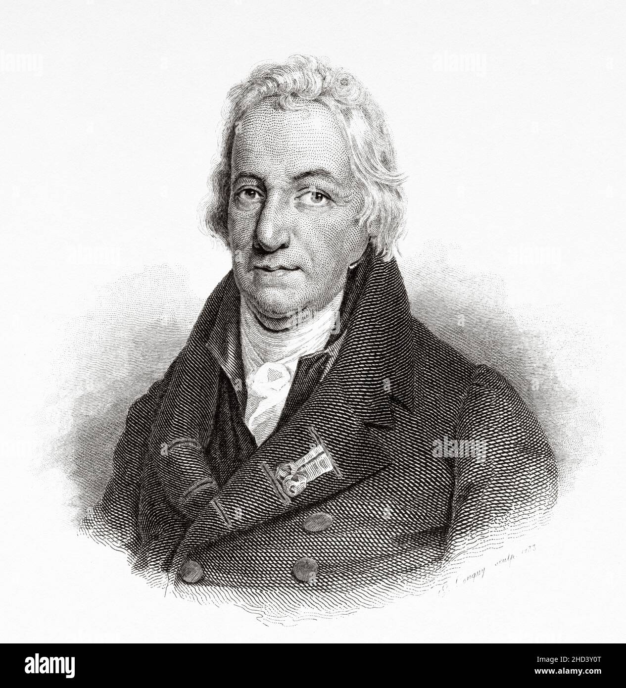 Claude Louis Berthollet (1748-1822) was a Savoyard-French chemist who became vice president of the French Senate in 1804, was the first to demonstrate the bleaching action of chlorine gas and develop a solution of sodium hypochlorite as a modern bleaching agent. France. Europe. Old 19th century engraved illustration from Portraits et histoire des hommes utile by Societe Montyon et Franklin 1837 Stock Photo