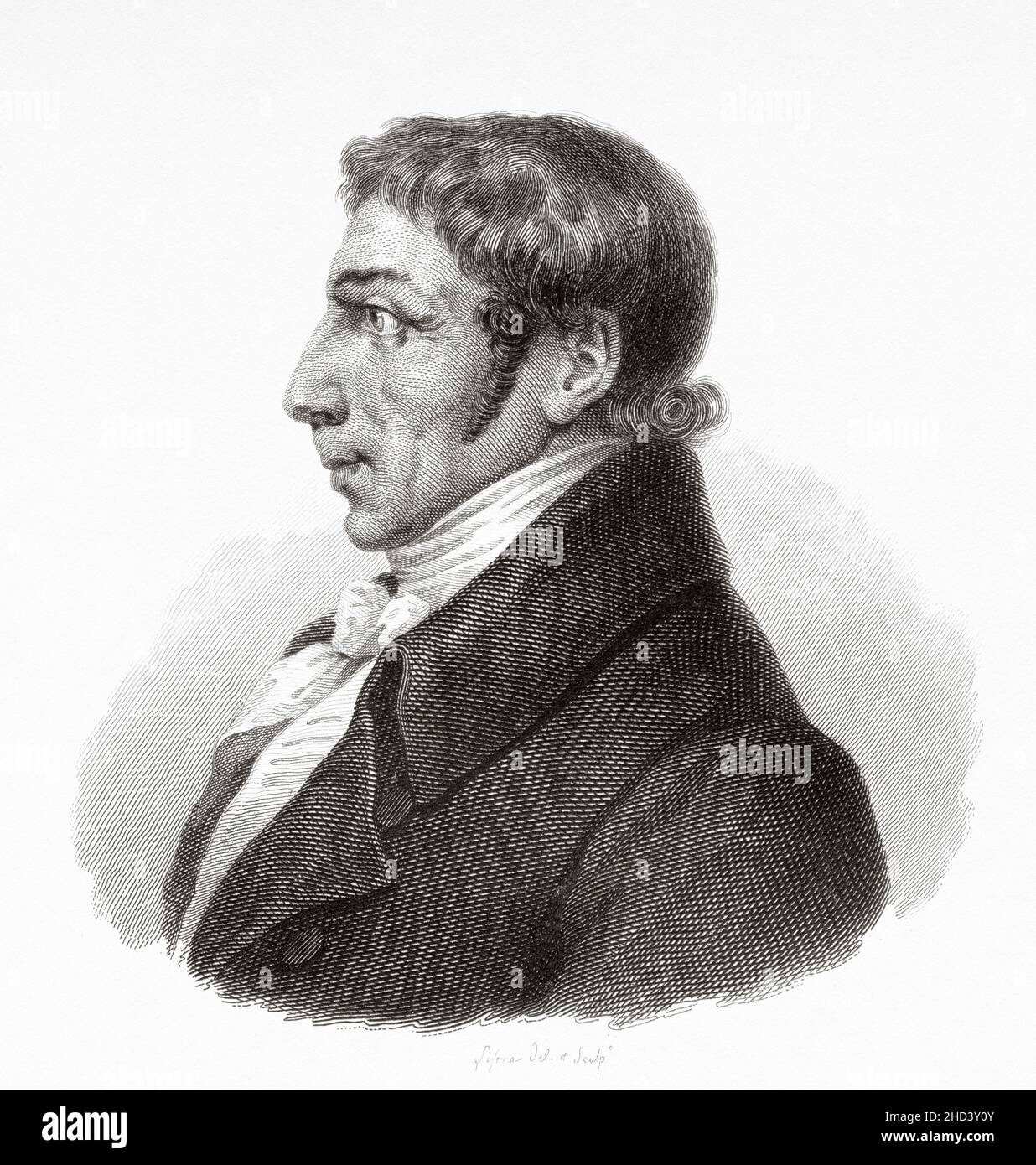 Albrecht Daniel Thaer (1752-1828) was a renowned German agronomist and an avid supporter of the humus theory for plant nutrition, polymath and founder of Agricultural Science. Europe. Old 19th century engraved illustration from Portraits et histoire des hommes utile by Societe Montyon et Franklin 1837 Stock Photo