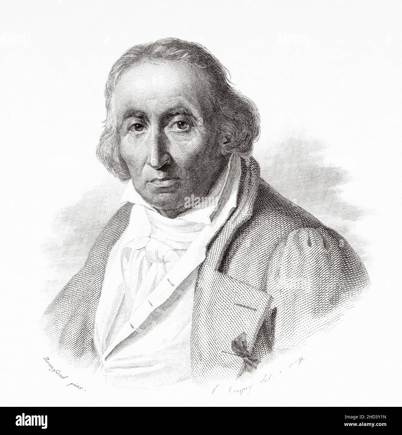 Jacquard. Joseph Marie Charles (1752-1834) was a French weaver and merchant. He played an important role in the development of the earliest programmable loom the Jacquard loom. France. Europe. Old 19th century engraved illustration from Portraits et histoire des hommes utile by Societe Montyon et Franklin 1837 Stock Photo