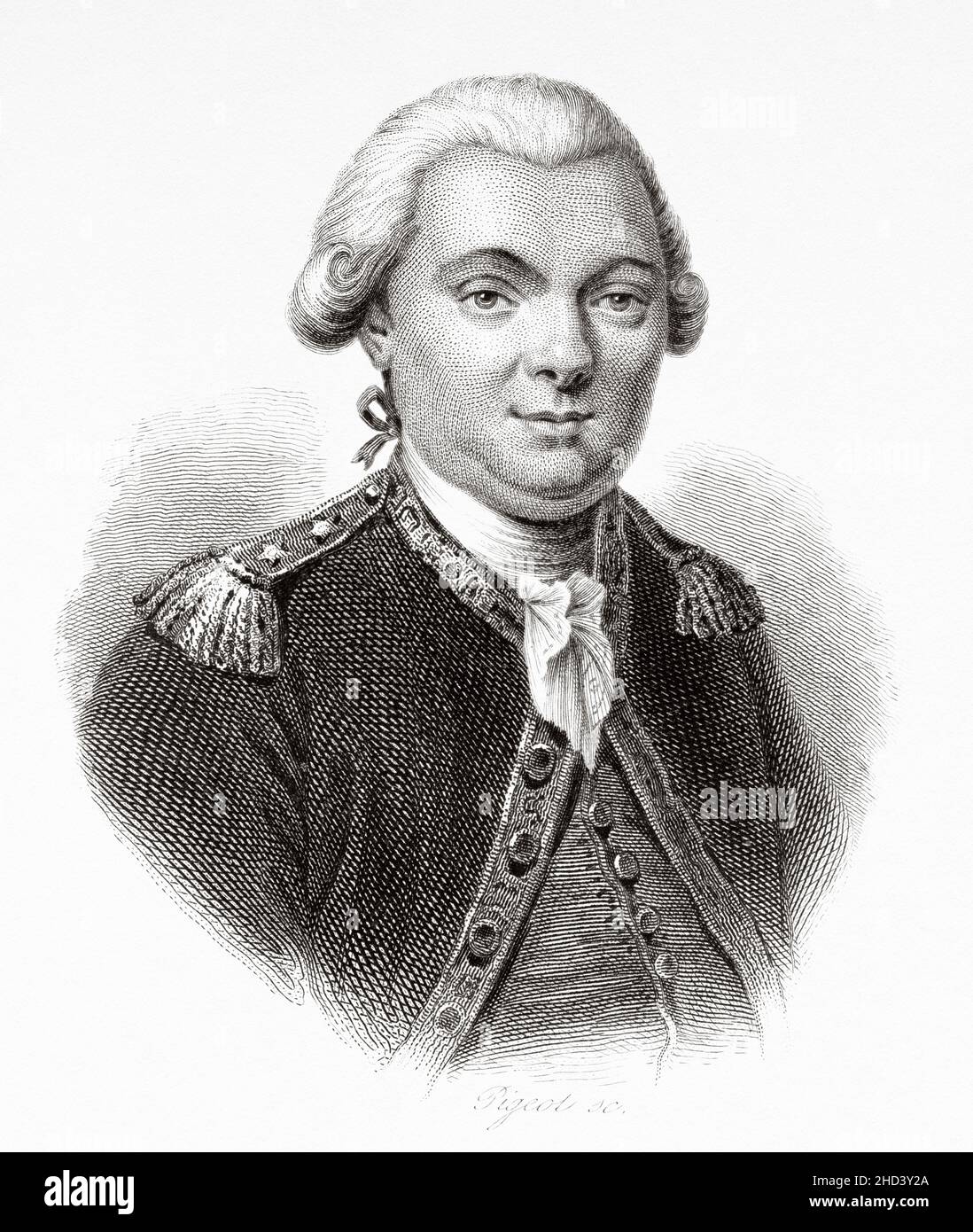 Jean Francois de Galaup (1741-1788) comte de Lapérouse, was a French naval officer and explorer, wrecking on the reefs of Vanikoro in the Solomon Islands. France. Europe. Old 19th century engraved illustration from Portraits et histoire des hommes utile by Societe Montyon et Franklin 1837 Stock Photo