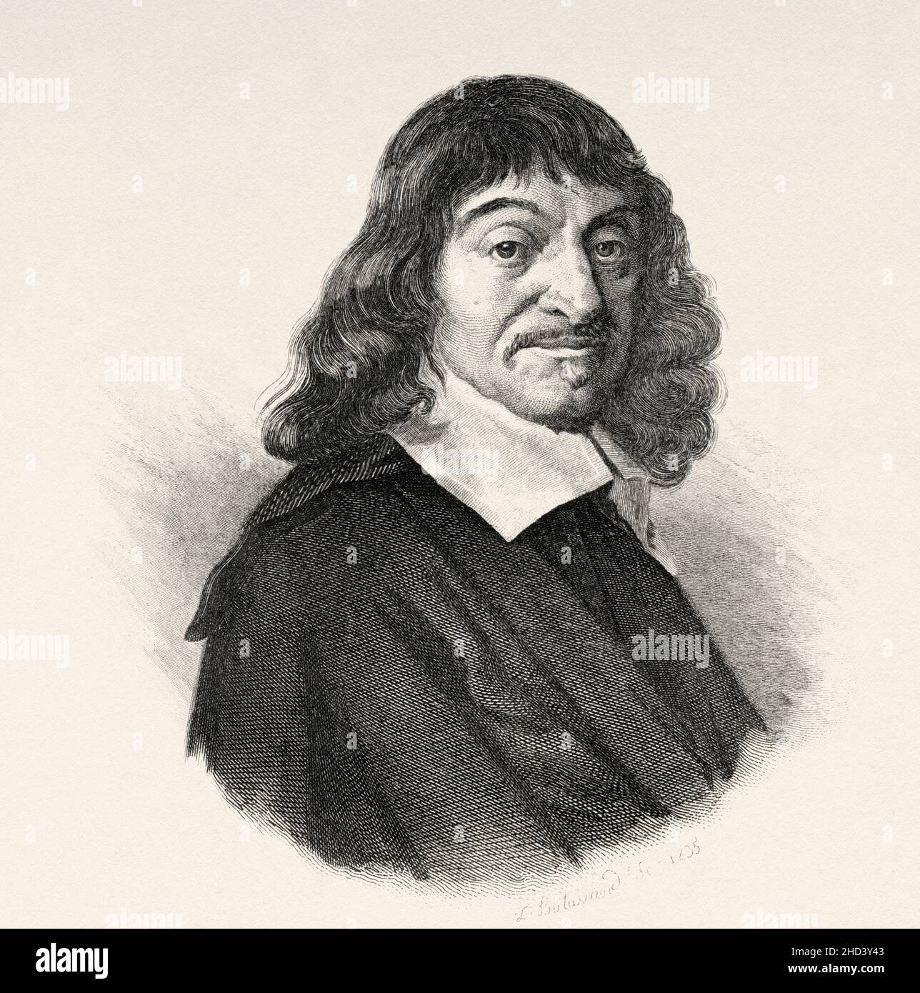 René Descartes (1596-1650 ) was a French philosopher, mathematician, and scientist who invented analytic geometry, linking the previously separate fields of geometry and algebra. France. Europe. Old 19th century engraved illustration from Portraits et histoire des hommes utile by Societe Montyon et Franklin 1837 Stock Photo