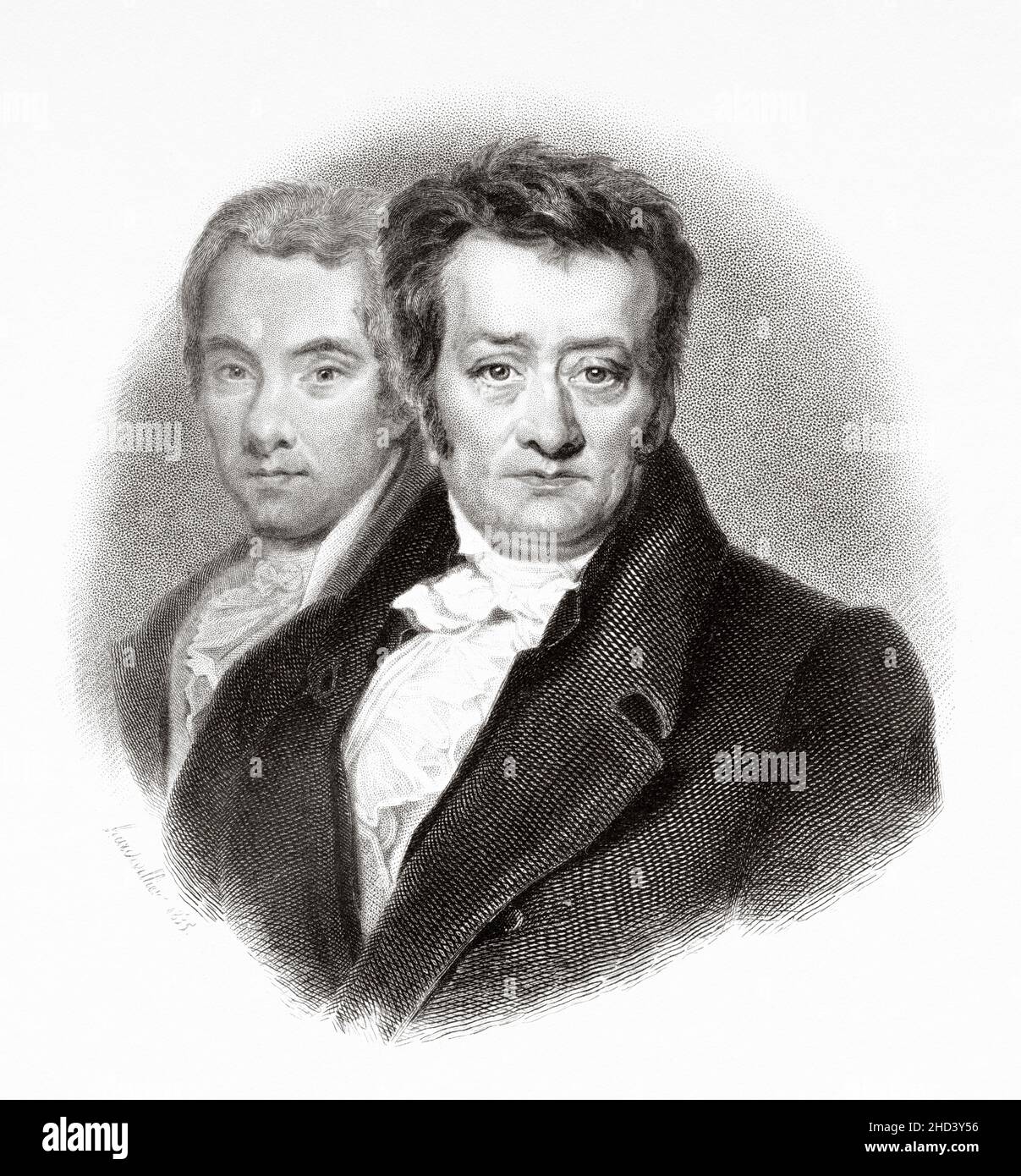 Thomas Clarkson (1760-1846) English abolitionist, leading campaigner against the slave trade in the British Empire. He helped found The Society for Effecting the Abolition of the Slave Trade, and helped achieve passage of the Slave Trade Act 1807, which ended British trade in slaves. William Wilberforce (1759-1833) British politician, philanthropist, and a leader of the movement to abolish the slave trade. UK. Europe. Old 19th century engraved illustration from Portraits et histoire des hommes utile by Societe Montyon et Franklin 1837 Stock Photo