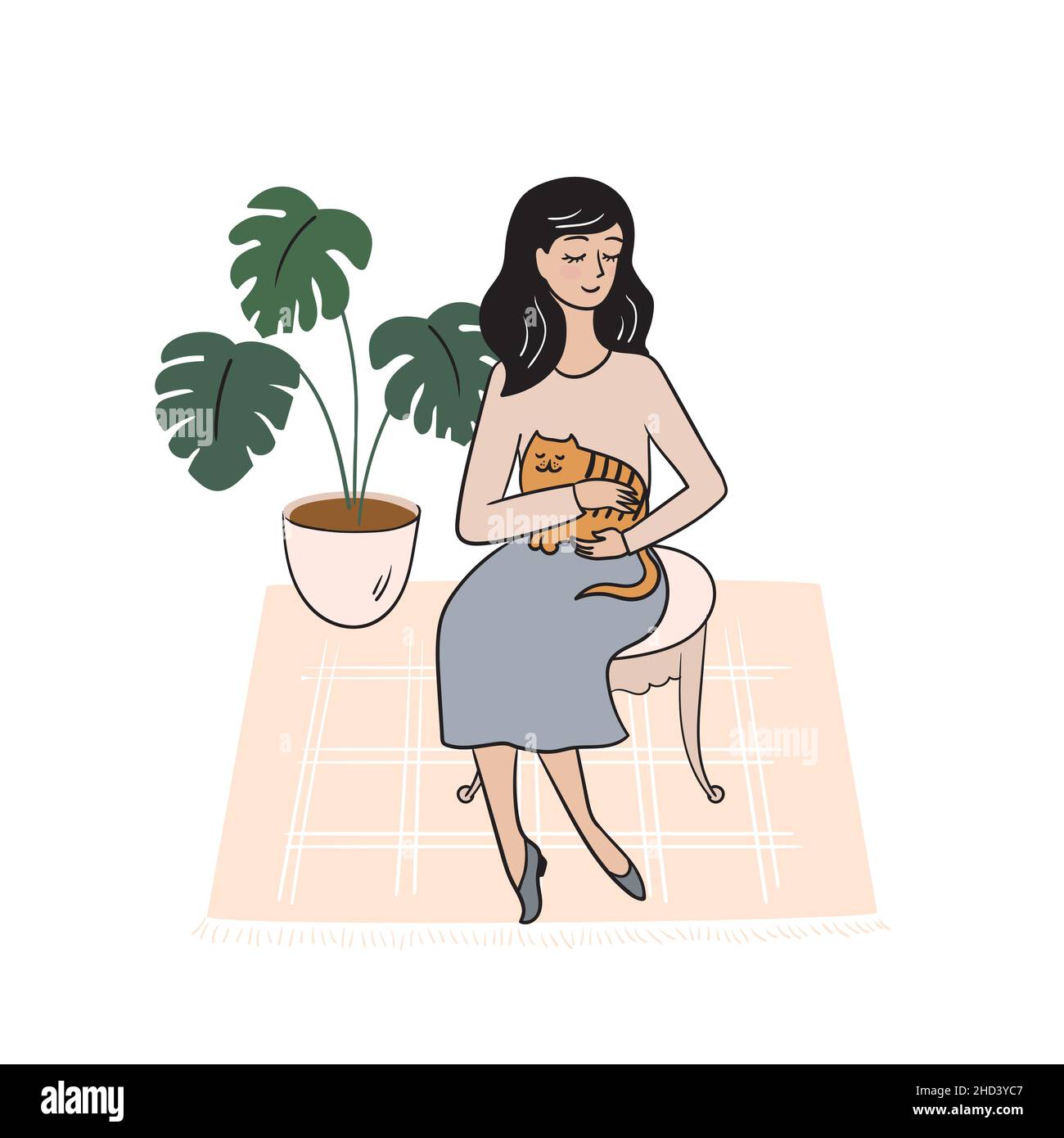 A woman is sitting with a cat in a room with plants and a carpet. Stock vector illustration. Concept of home comfort. Stock Vector