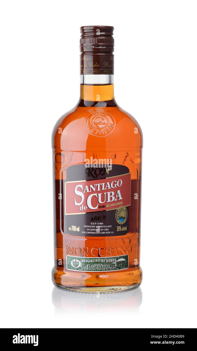 Samara, Russia - December 2021. Front view of rum Santiago de cuba anejo bottle isolated on white Stock Photo