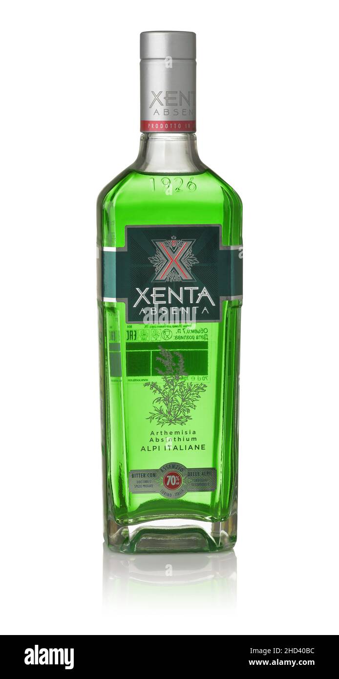 Samara, Russia - january 2021. Front view of Xenta absinthe bottle isolated on white Stock Photo