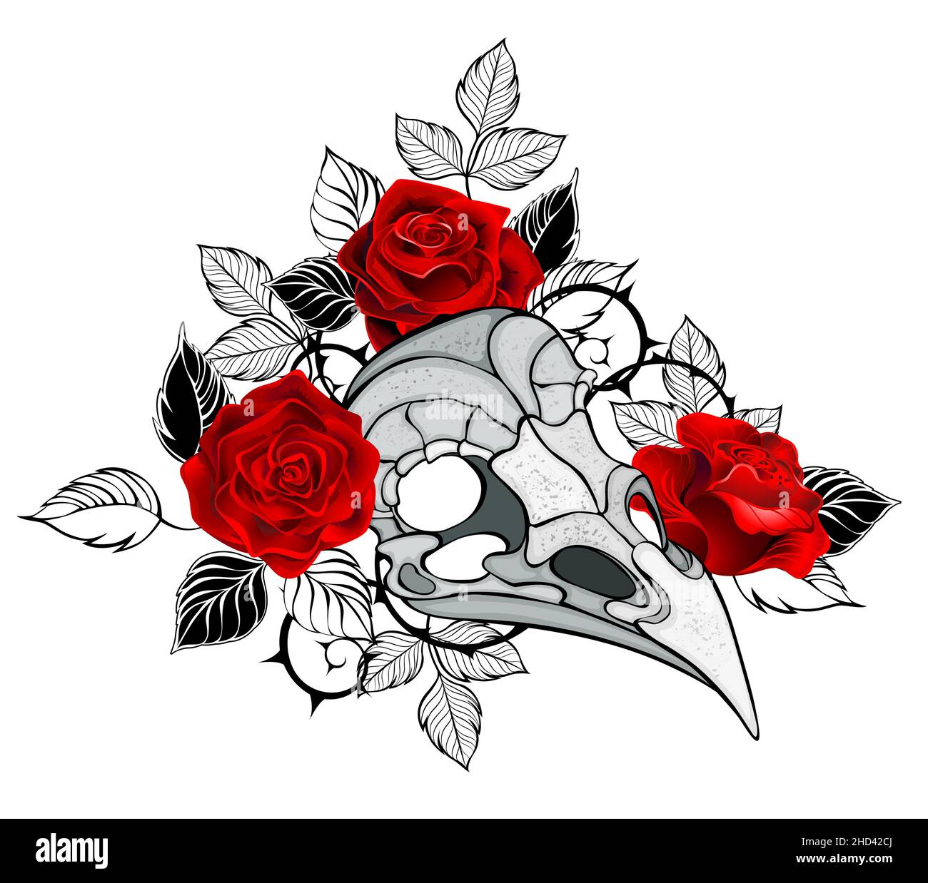 Gray, gothic, textured, bird's skull, decorated with bright, red, blooming roses with black leaves and stems on a white background. Gothic style. Stock Vector