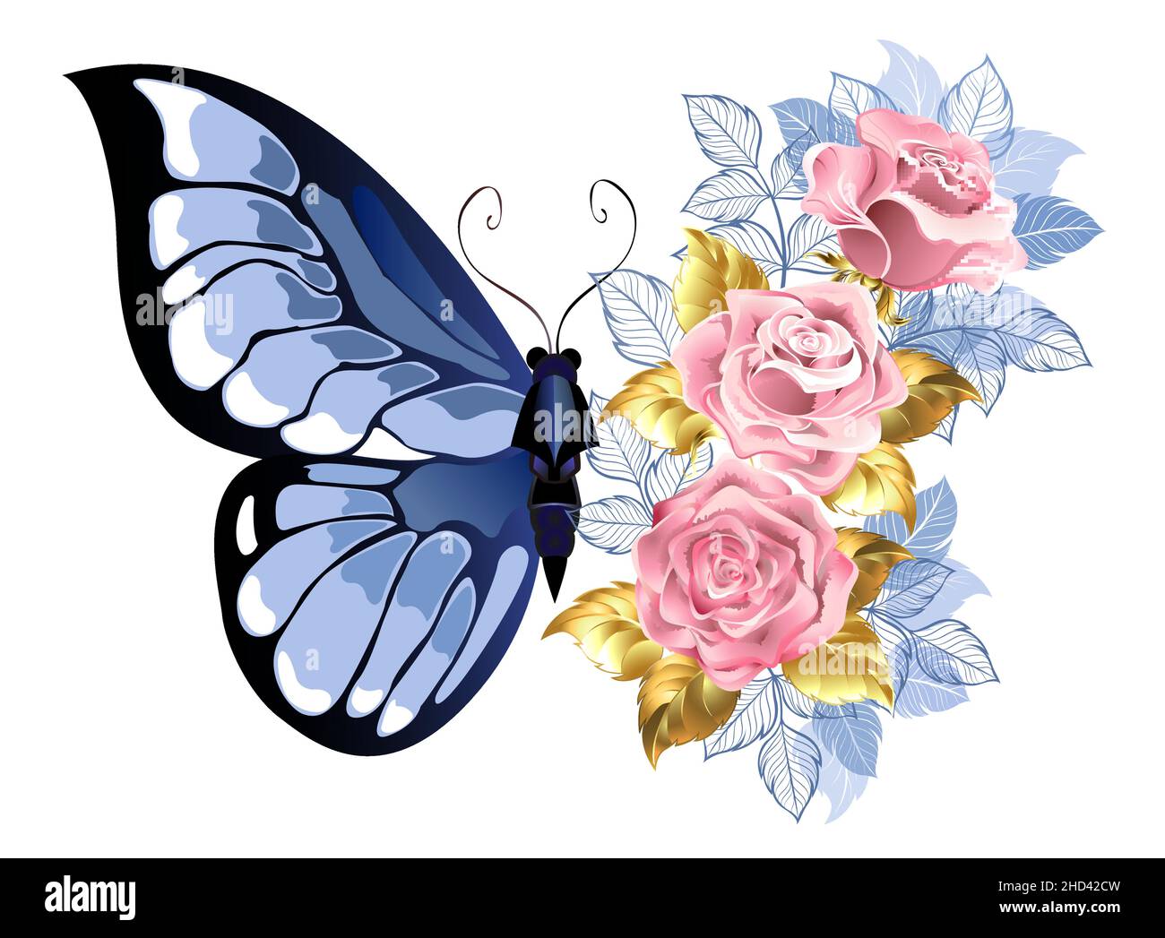 Composition of blue butterfly and bouquet of delicate, pink roses with blue and gold jewelry leaves on white background. Stock Vector