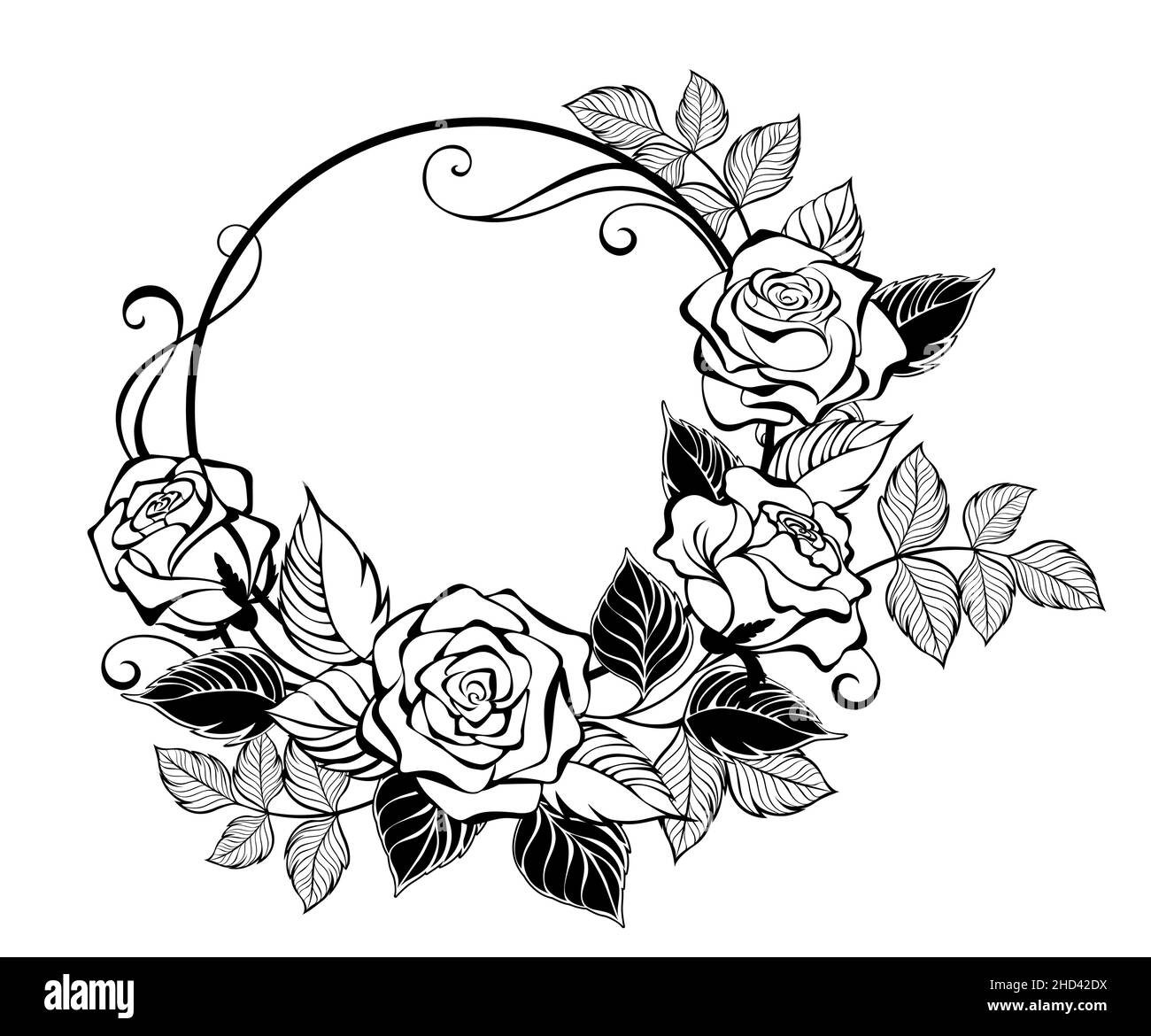 Round frame, decorated with outline, artistically drawn branch of rose with stylized leaves on white background. Contour rose. Stock Vector