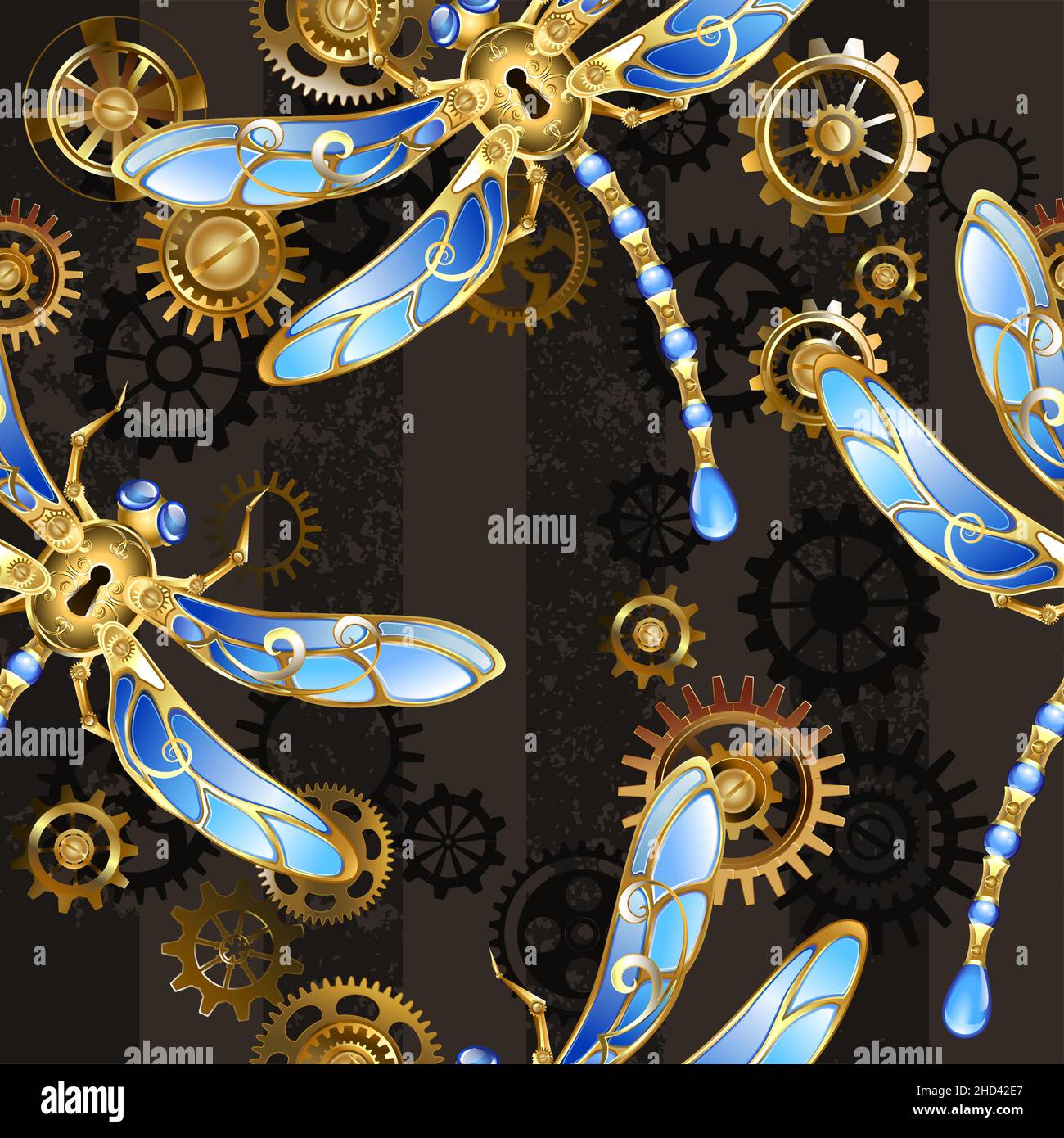 Seamless texture with mechanical, golden dragonflies, decorated with blue, glass wings with gold and brass gears on a striped, textured, brown backgro Stock Vector