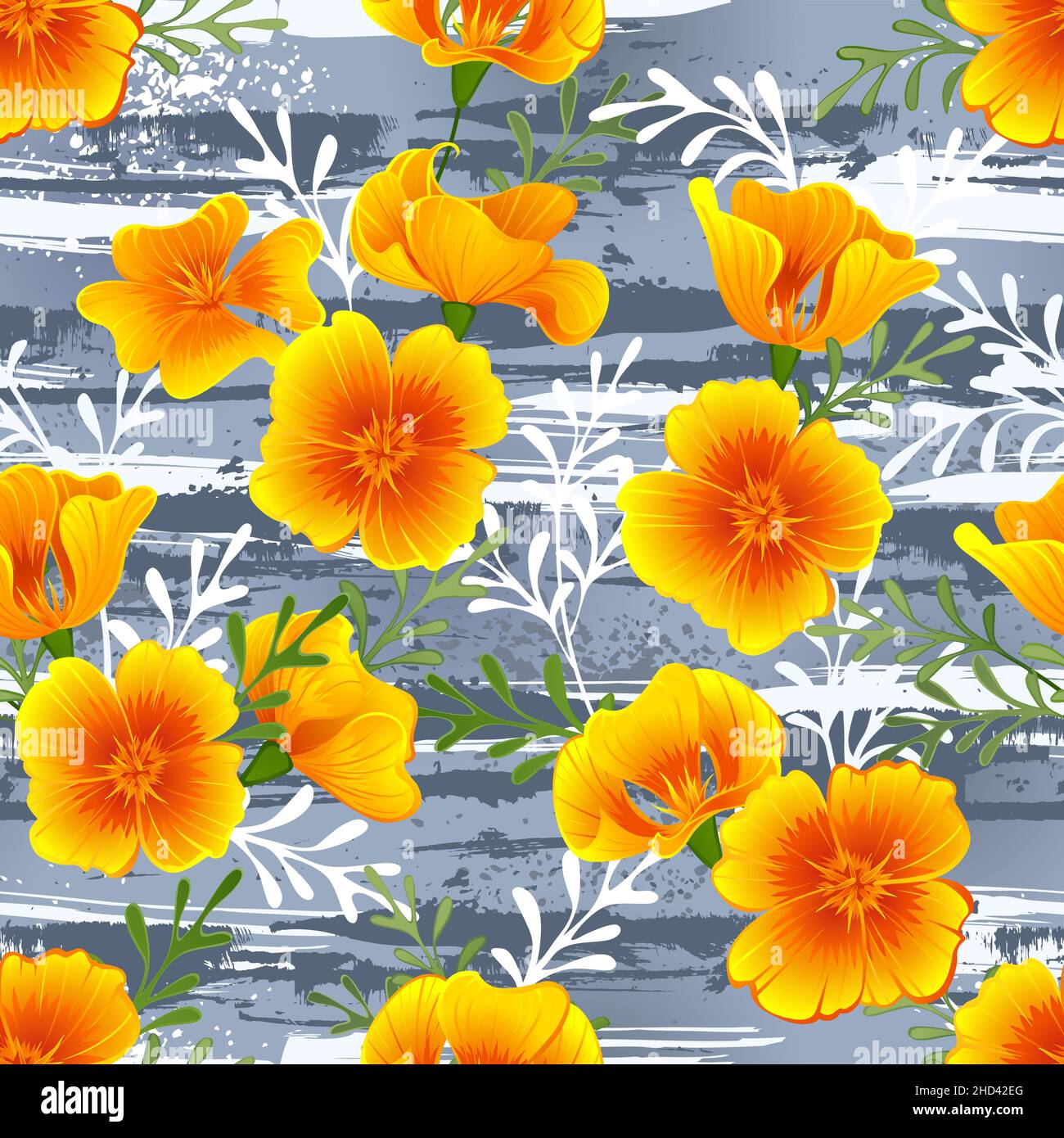 Seamless pattern with blooming, orange California poppies on gray splash painted background. Cozy design. Stock Vector